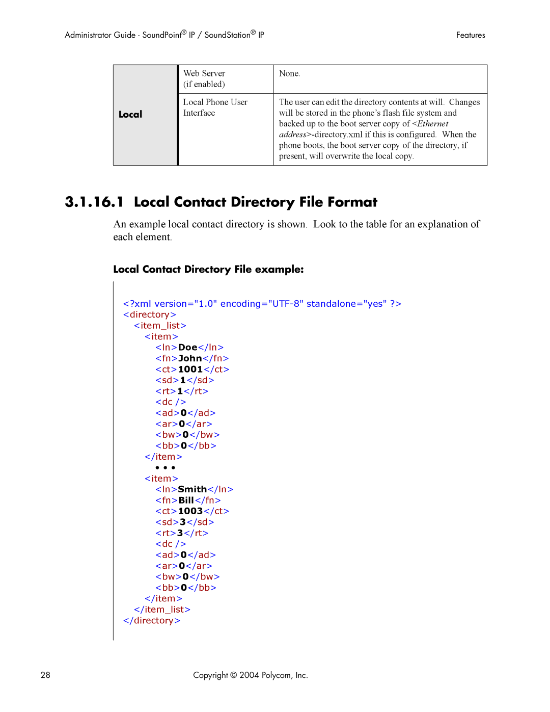 Polycom Version 1.4.x 17 manual Local Contact Directory File Format, Local Contact Directory File example 