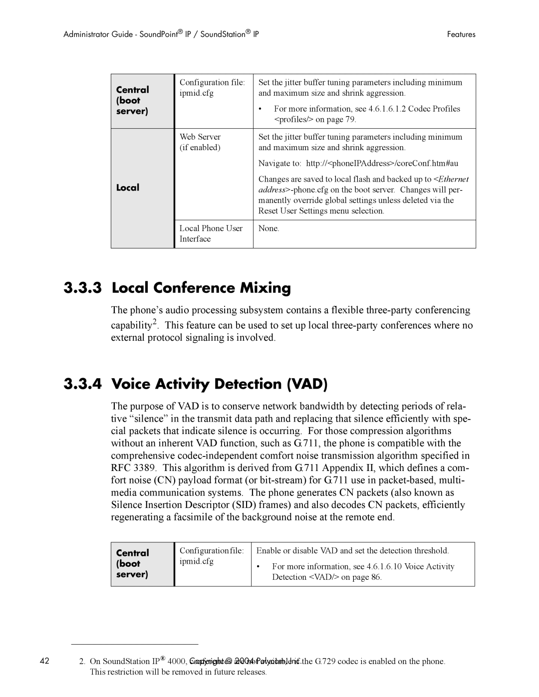 Polycom Version 1.4.x 17 manual Local Conference Mixing, Voice Activity Detection VAD 