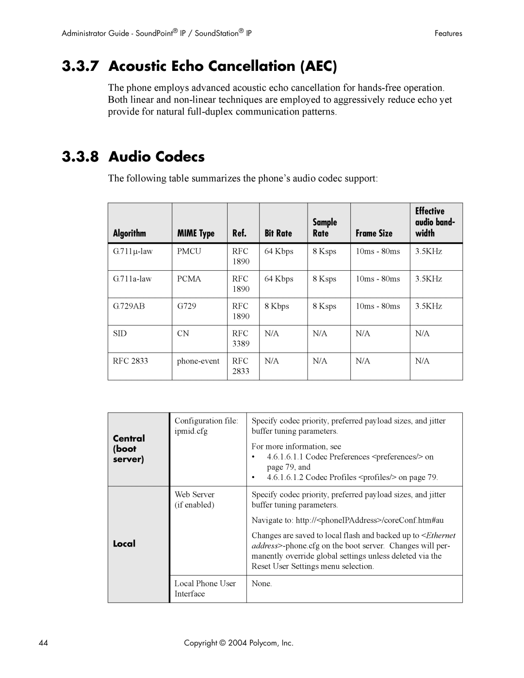 Polycom Version 1.4.x 17 manual Acoustic Echo Cancellation AEC, Audio Codecs 