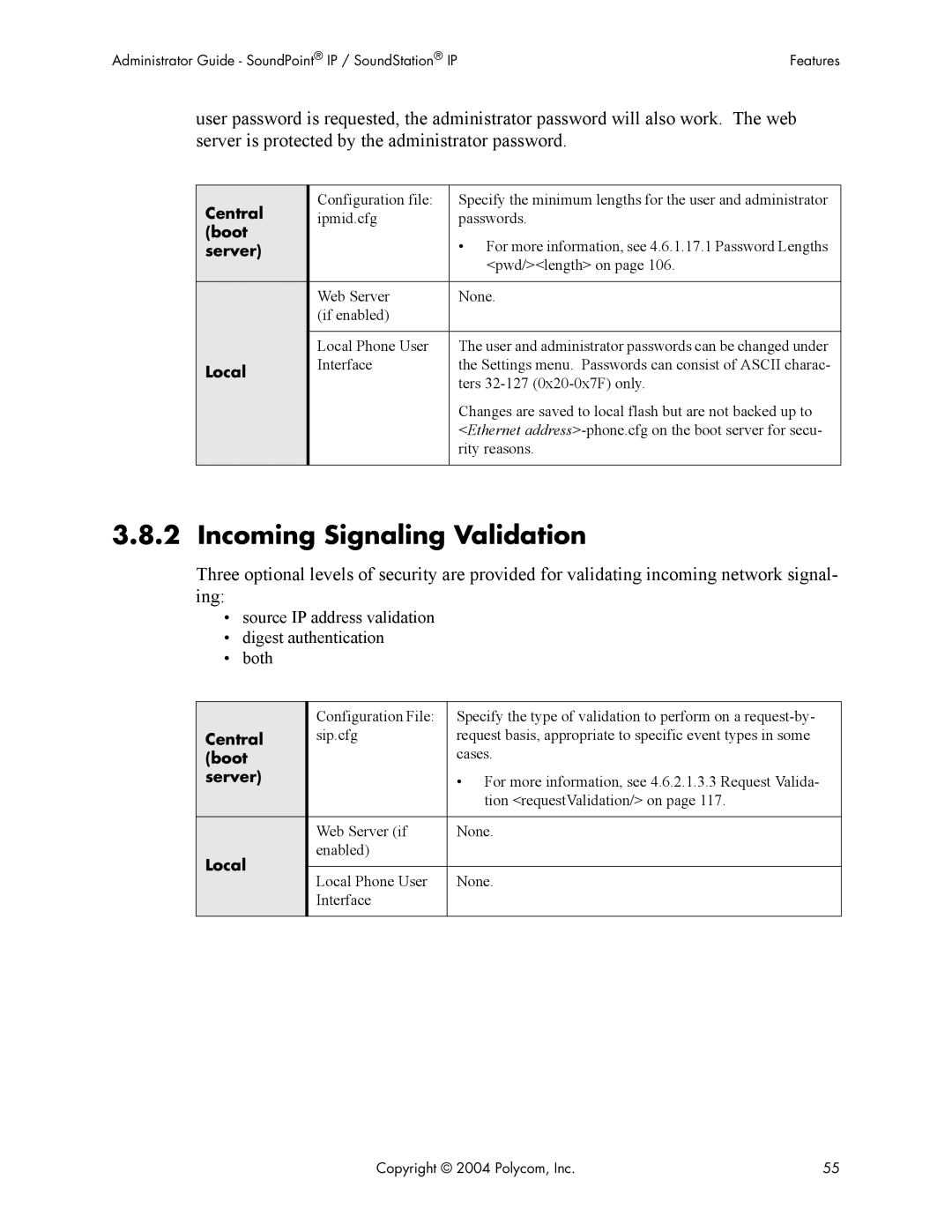 Polycom Version 1.4.x 17 manual Incoming Signaling Validation, Source IP address validation Digest authentication Both 