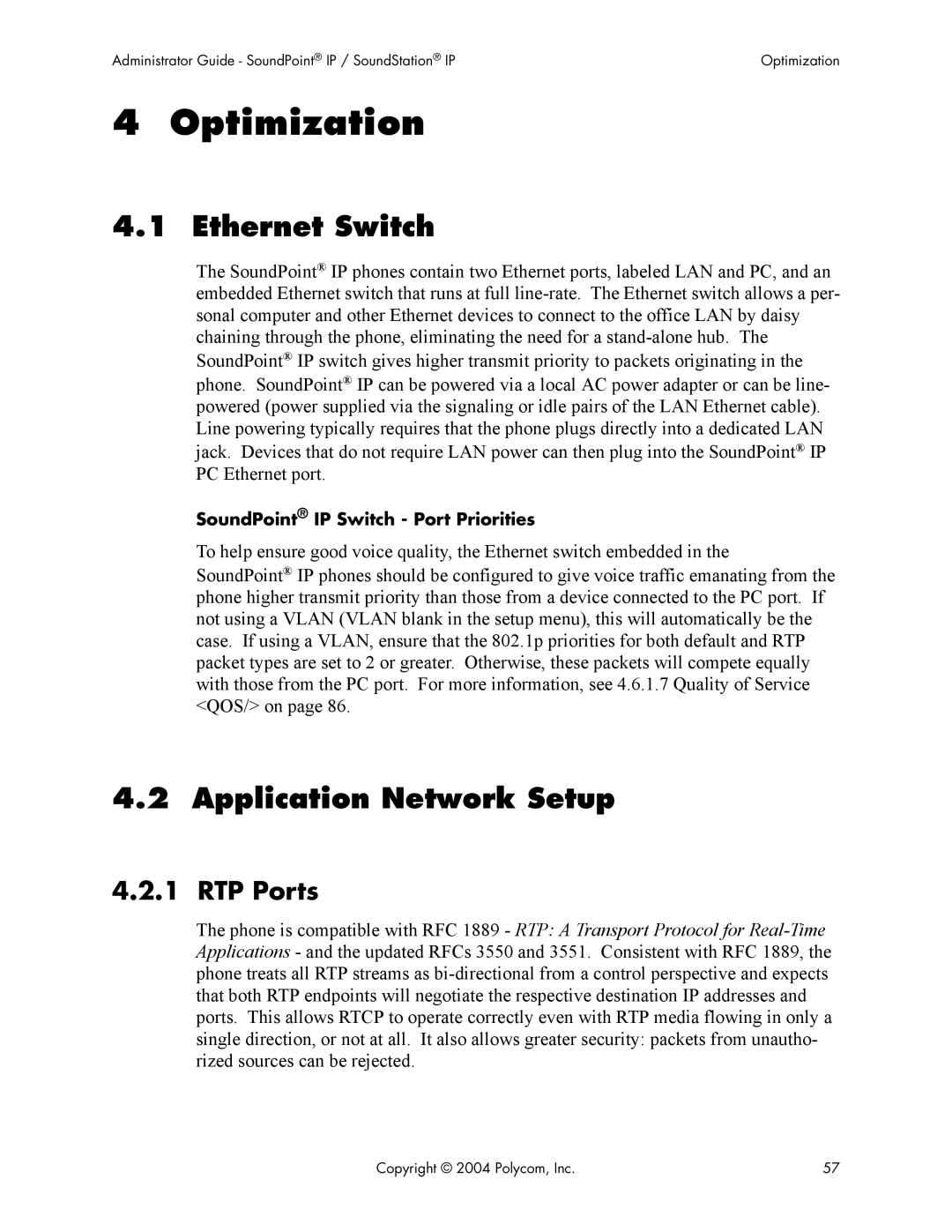 Polycom Version 1.4.x 17 manual Ethernet Switch, Application Network Setup, RTP Ports, SoundPoint IP Switch Port Priorities 