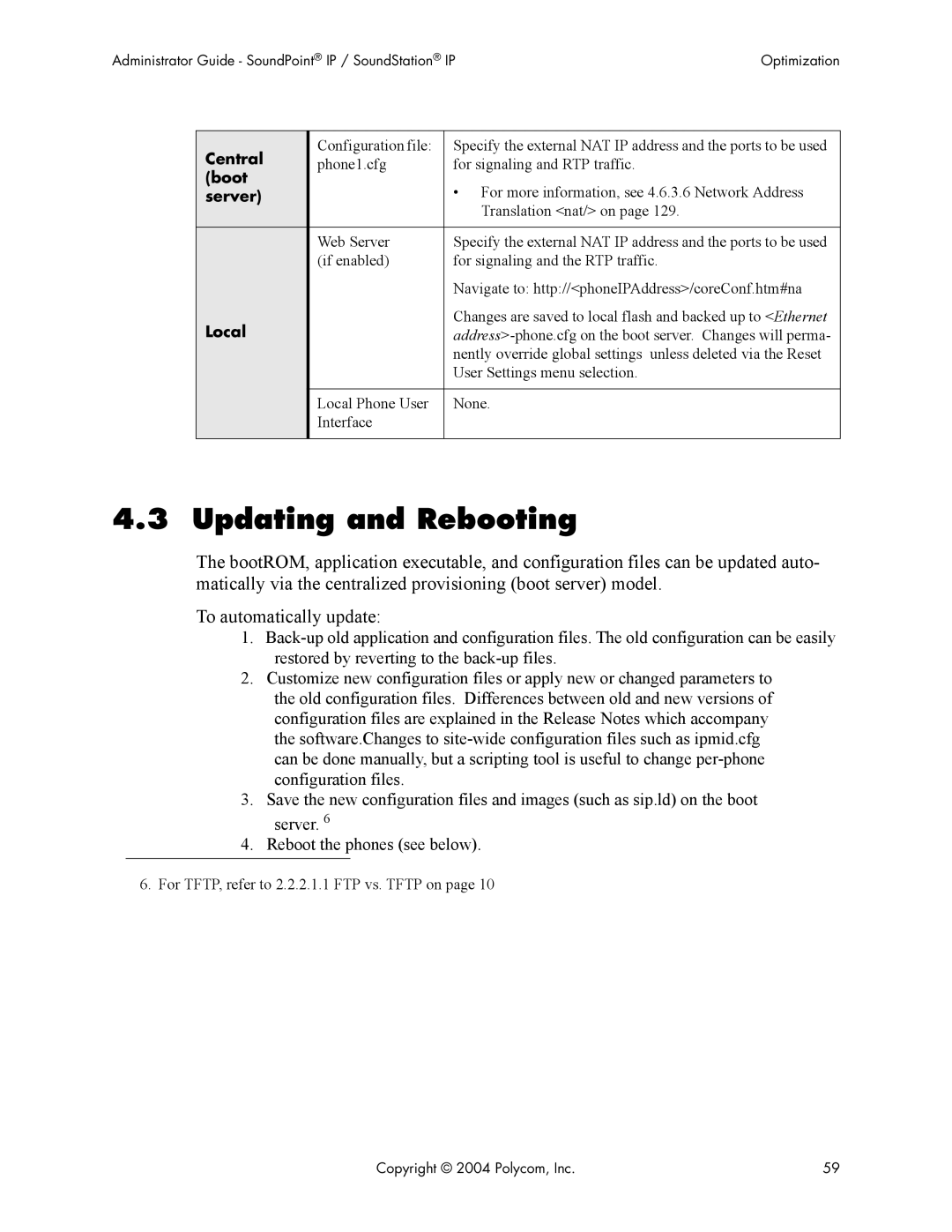 Polycom Version 1.4.x 17 manual Updating and Rebooting, For TFTP, refer to 2.2.2.1.1 FTP vs. Tftp on 