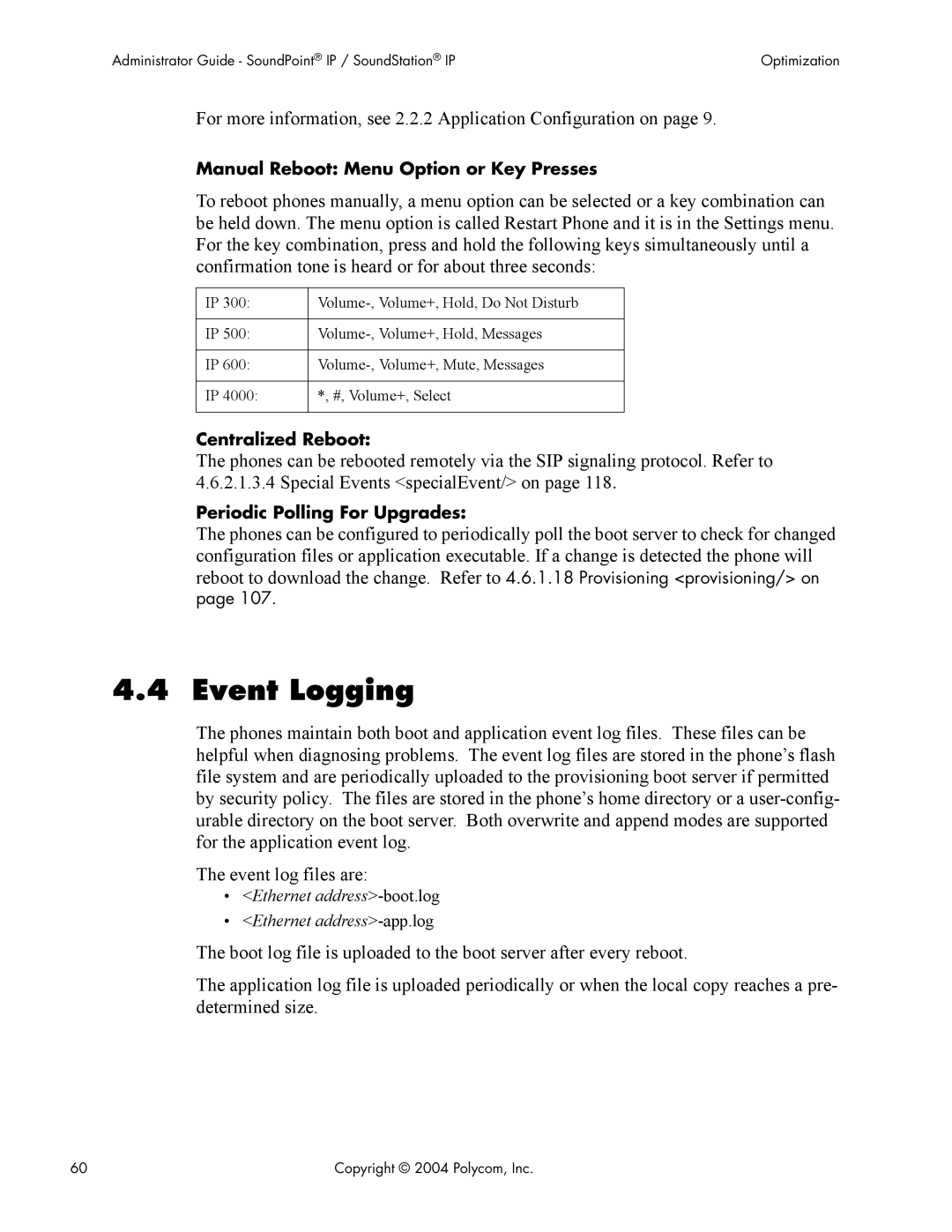 Polycom Version 1.4.x 17 manual Event Logging, Manual Reboot Menu Option or Key Presses, Centralized Reboot 