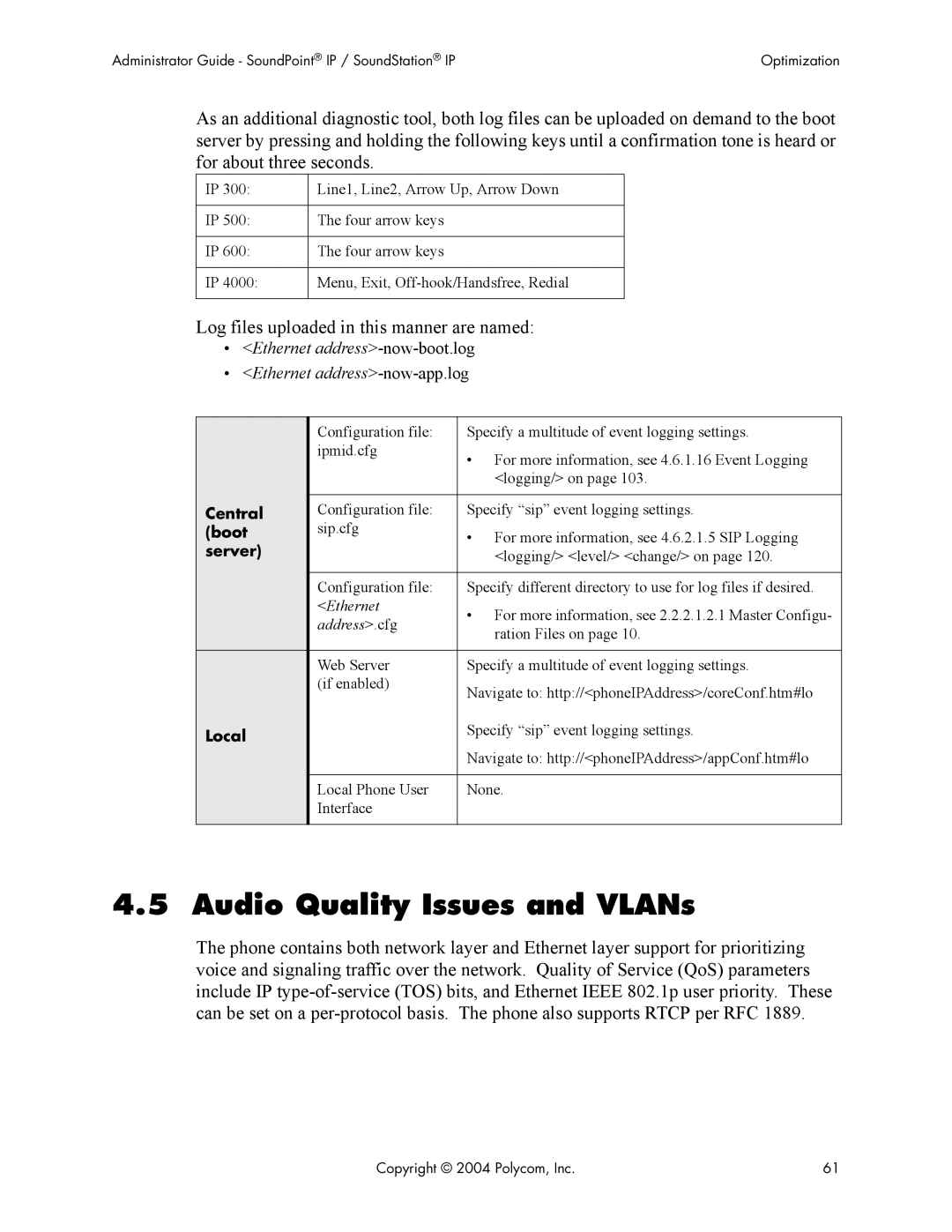 Polycom Version 1.4.x 17 manual Audio Quality Issues and VLANs, Log files uploaded in this manner are named 