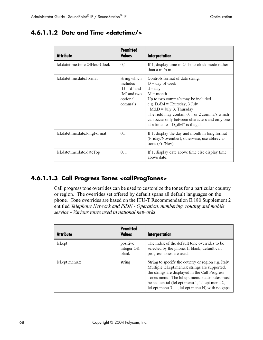 Polycom Version 1.4.x 17 manual Date and Time datetime, Call Progress Tones callProgTones 