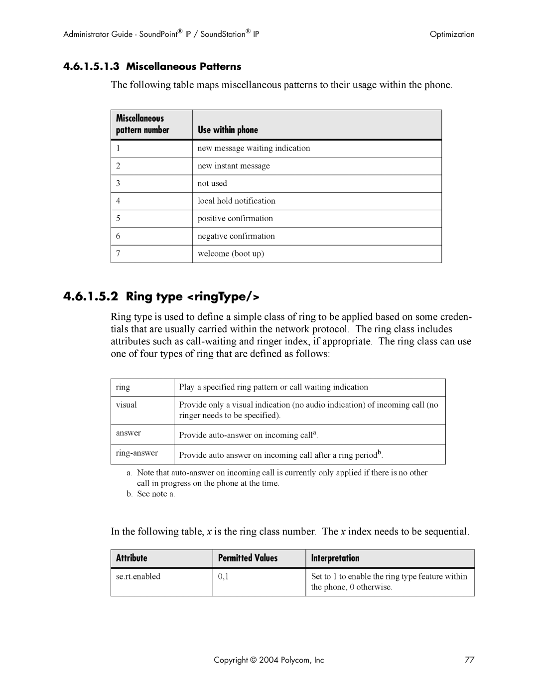 Polycom Version 1.4.x 17 manual Ring type ringType, Miscellaneous Patterns, Miscellaneous Use within phone Pattern number 