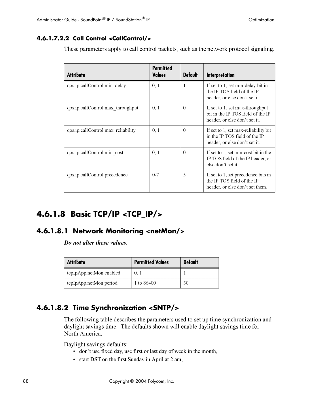 Polycom Version 1.4.x 17 manual Basic TCP/IP Tcpip, Network Monitoring netMon, Time Synchronization Sntp 