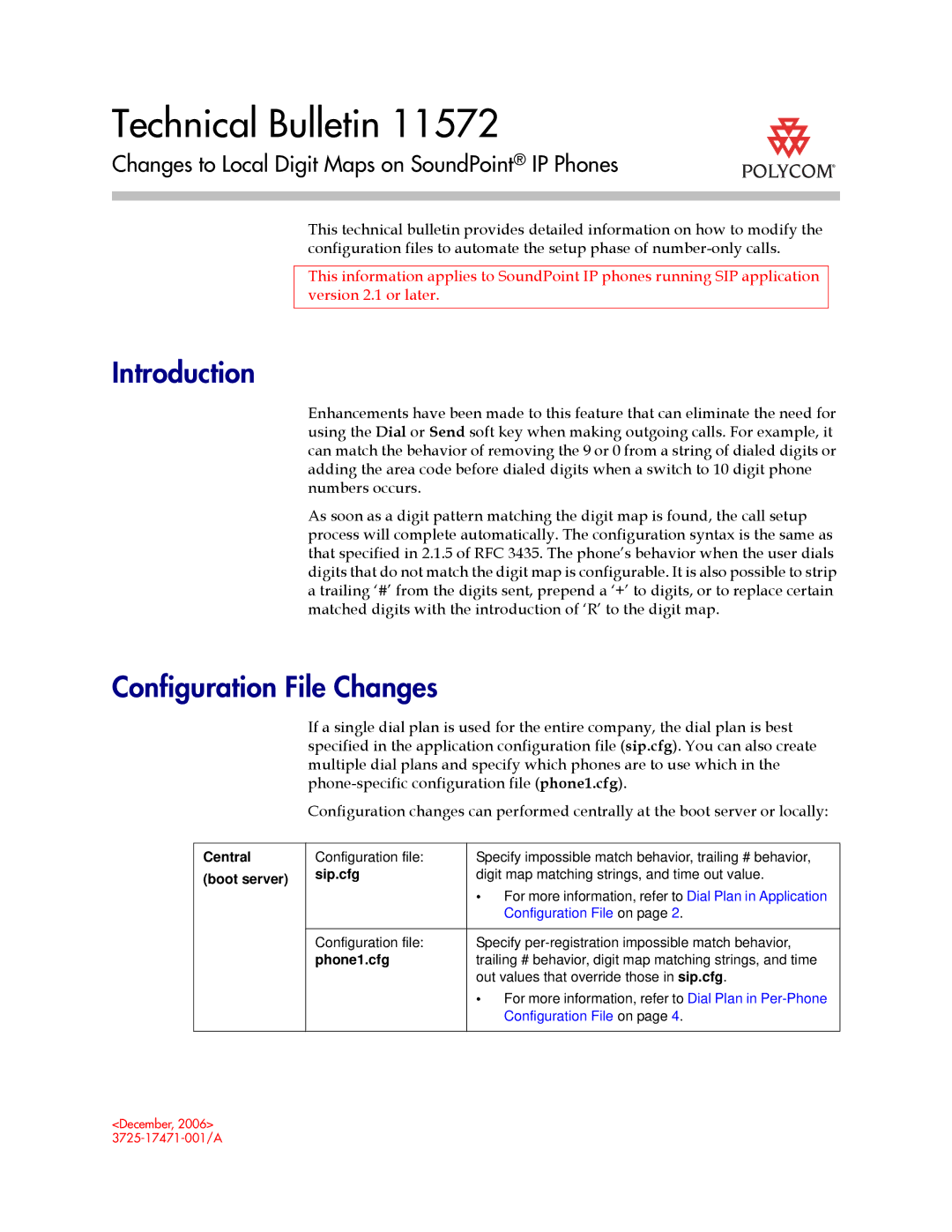 Polycom Version 2.0.3B manual Introduction, Configuration File Changes, Central, Boot server Sip.cfg, Phone1.cfg 