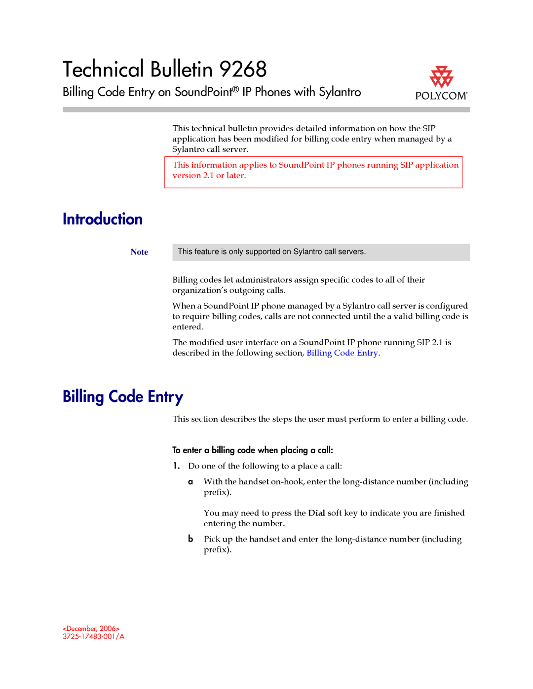 Polycom Version 2.0.3B manual Billing Code Entry on SoundPoint IP Phones with Sylantro 