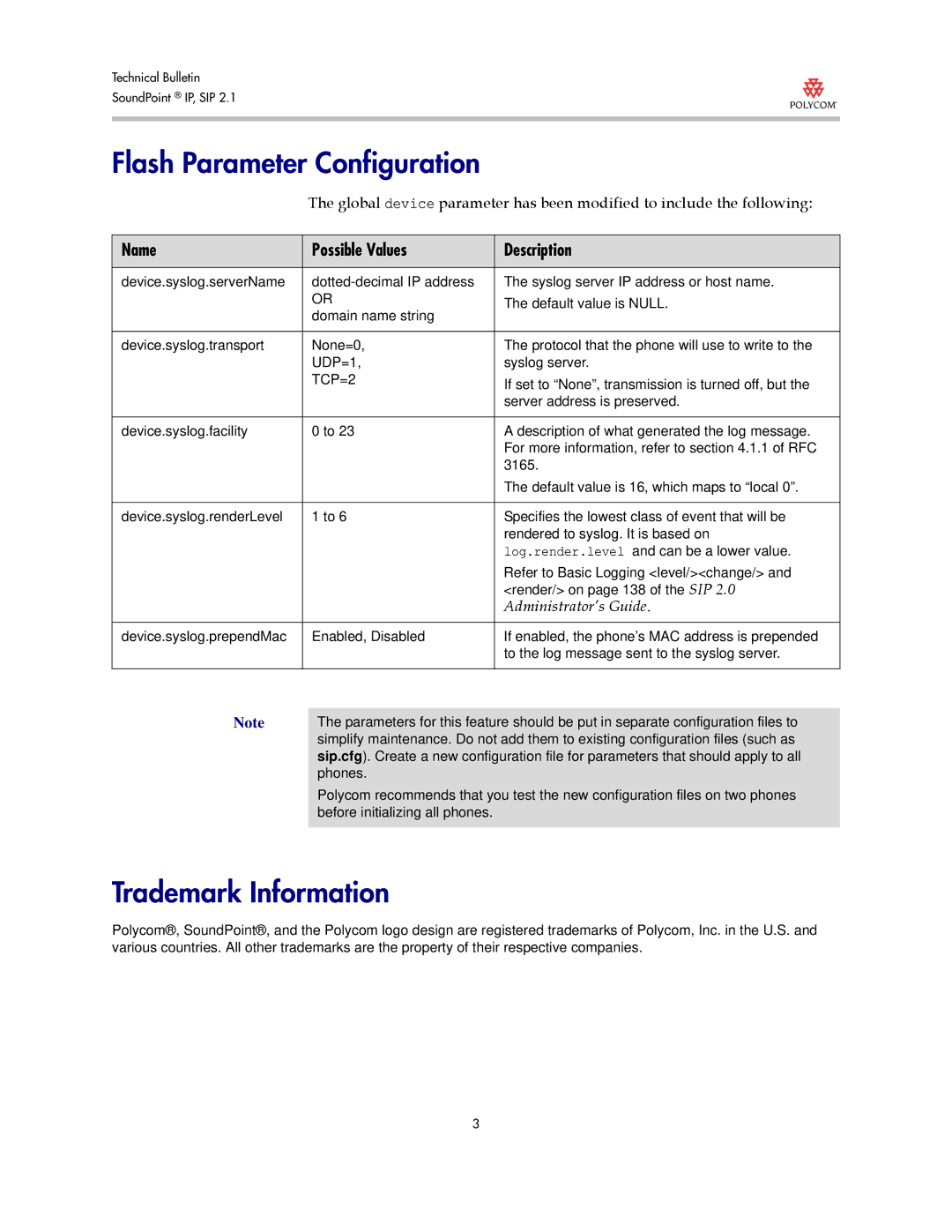 Polycom Version 2.0.3B manual Flash Parameter Configuration, Name Possible Values Description 