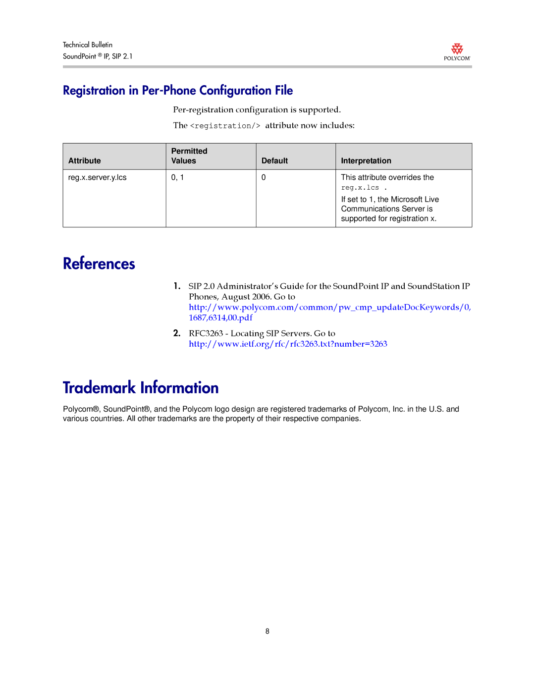 Polycom Version 2.0.3B manual References Trademark Information, Registration in Per-Phone Configuration File 