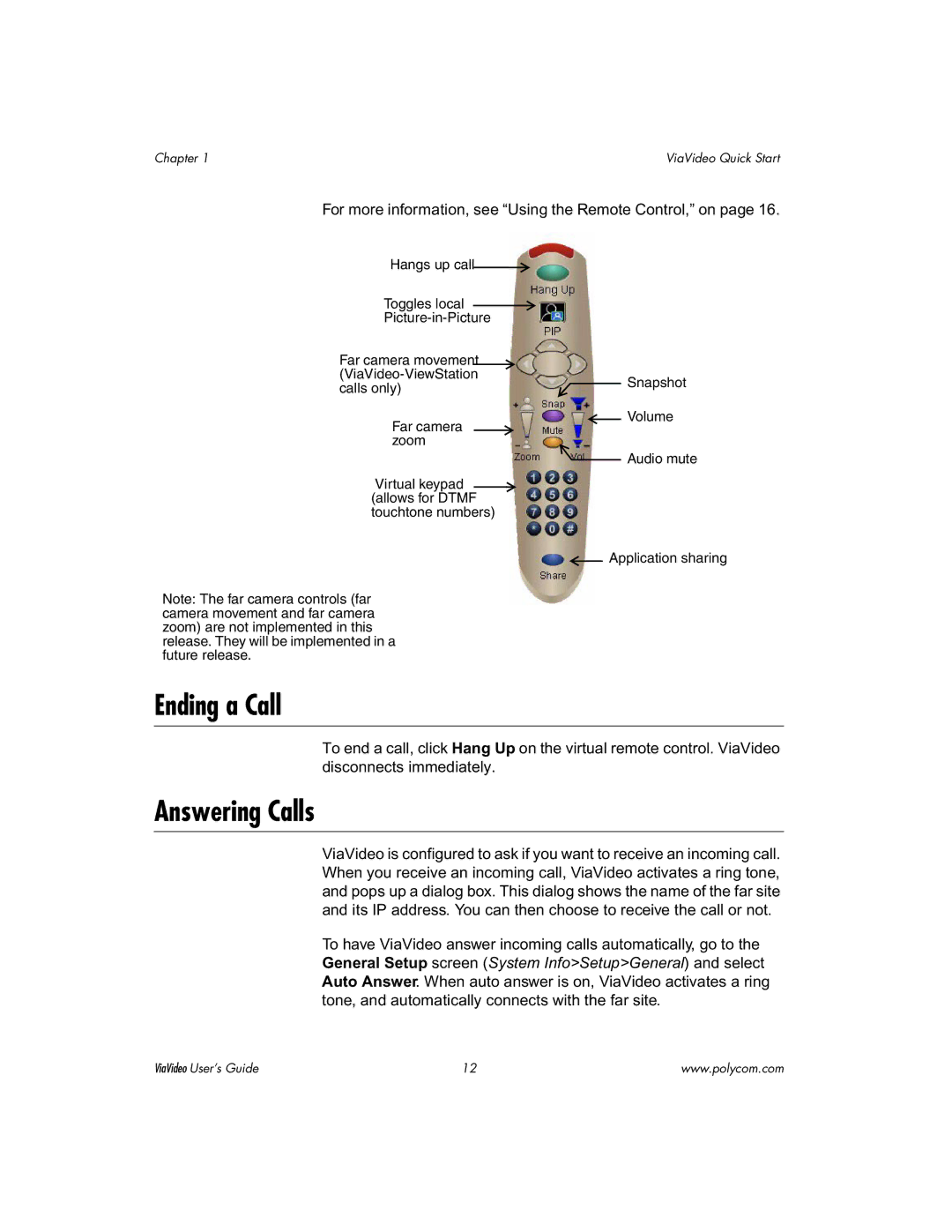 Polycom ViaVideo manual Ending a Call, Answering Calls 