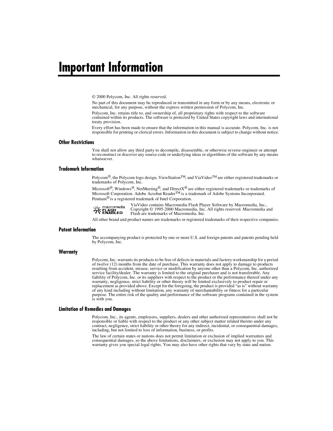 Polycom ViaVideo manual Other Restrictions, Trademark Information, Patent Information, Warranty 