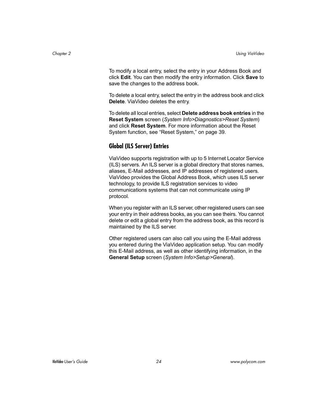 Polycom ViaVideo manual Global ILS Server Entries 