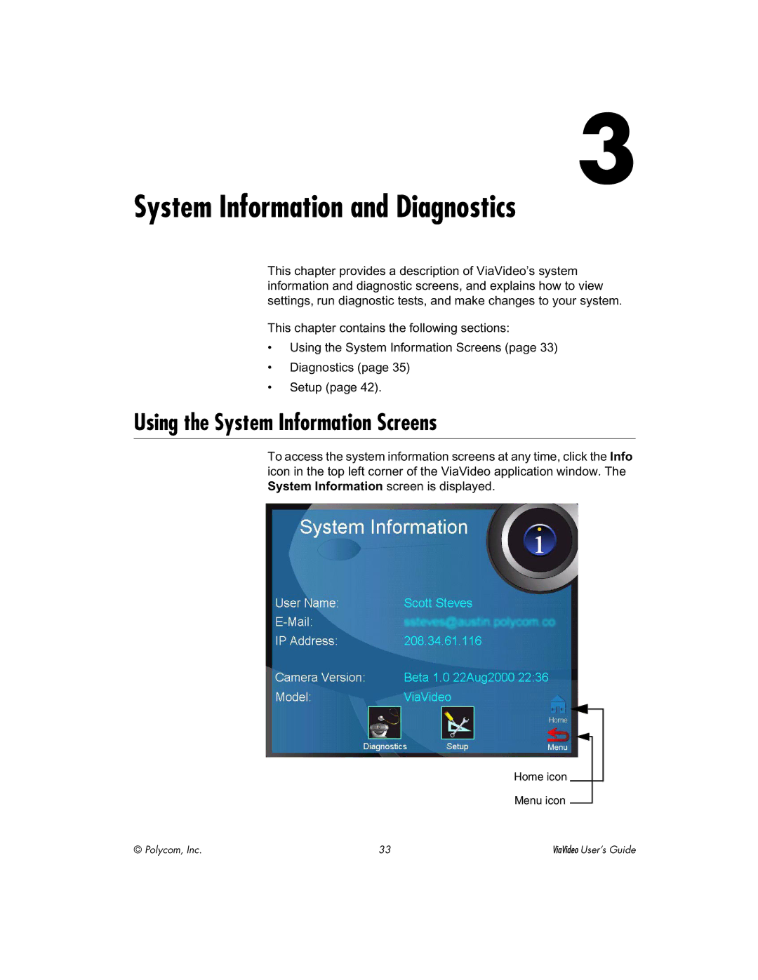 Polycom ViaVideo manual System Information and Diagnostics, Using the System Information Screens 