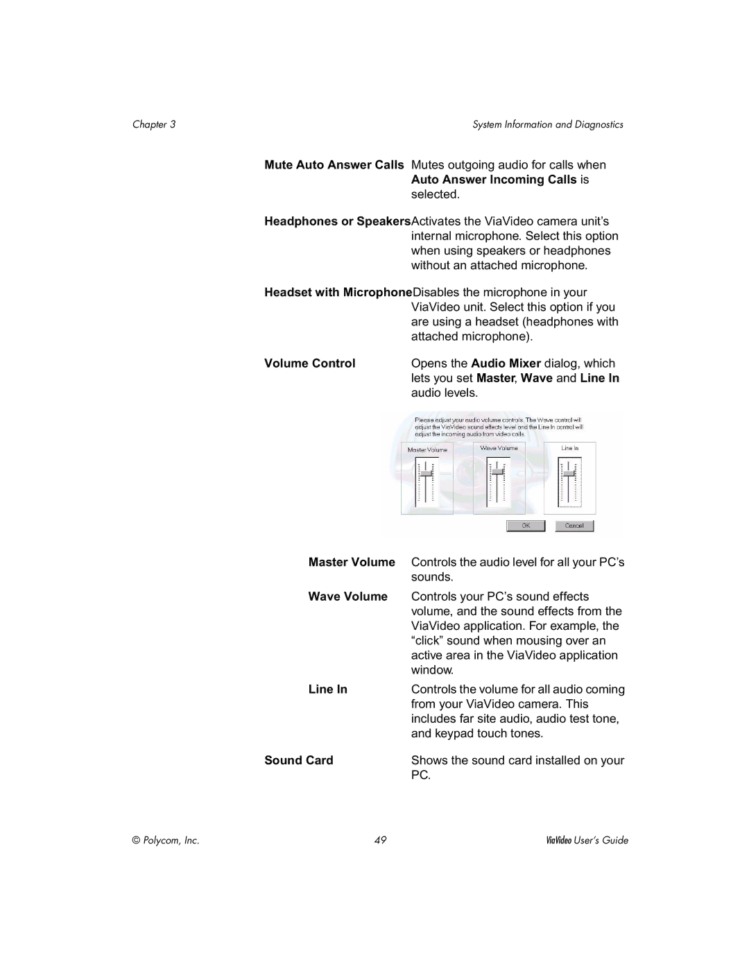 Polycom ViaVideo manual Volume Control, Master Volume, Wave Volume, Line, Sound Card 