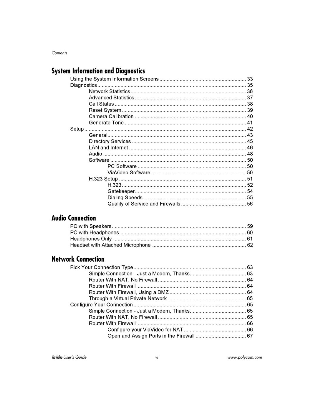 Polycom ViaVideo manual System Information and Diagnostics, Audio Connection, Network Connection 