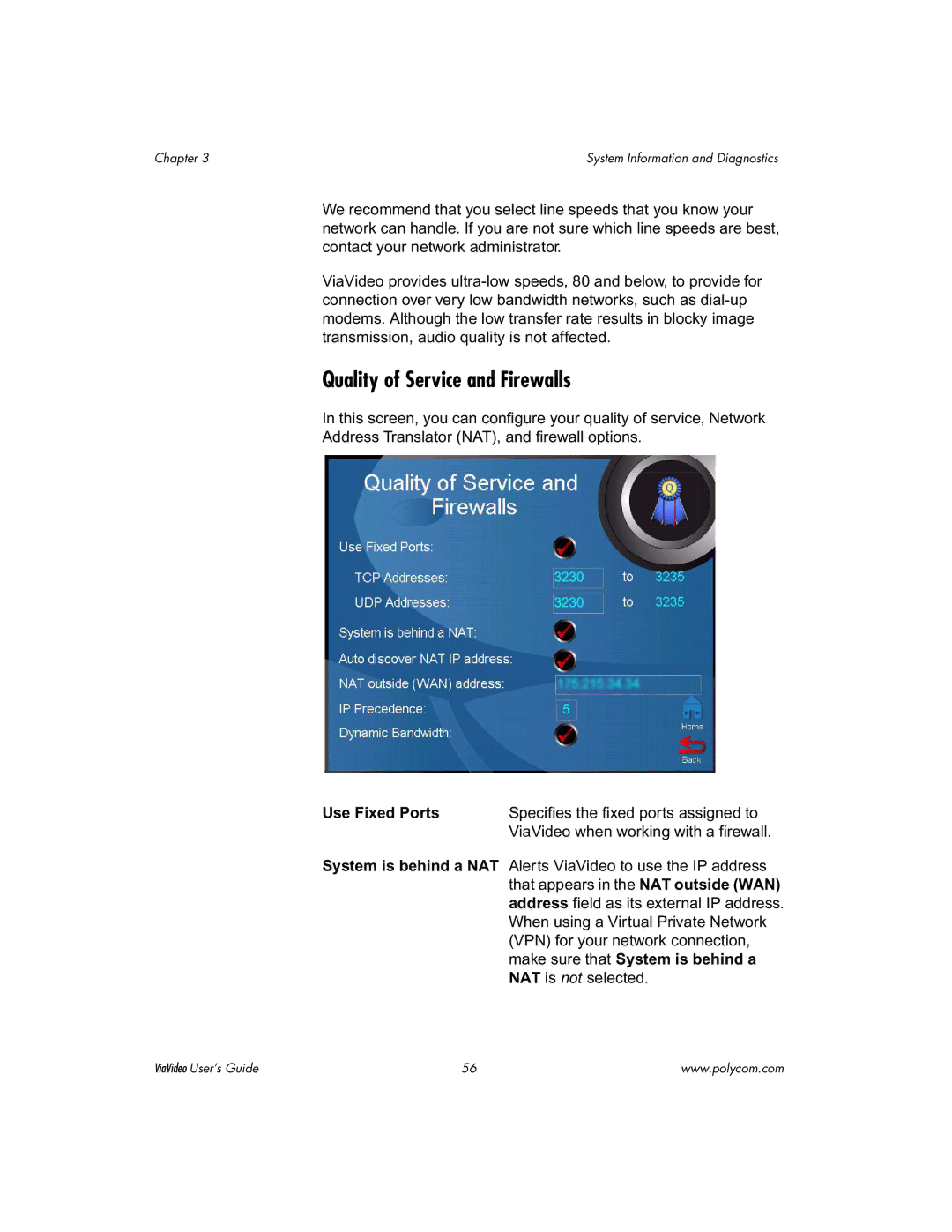 Polycom ViaVideo manual Quality of Service and Firewalls, Use Fixed Ports 