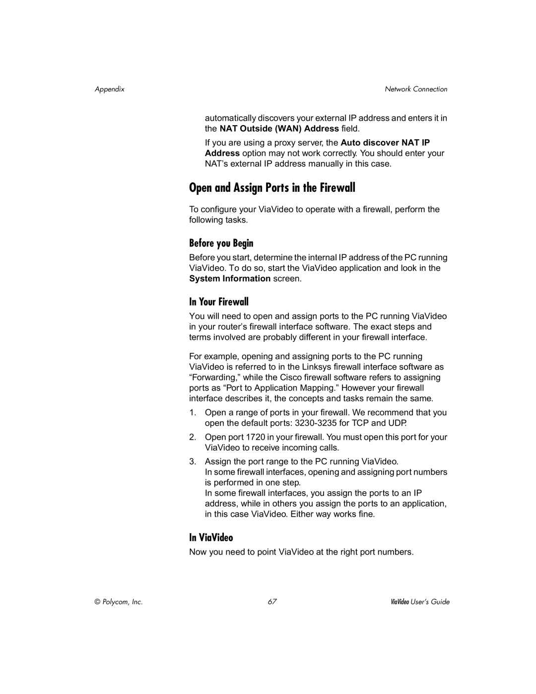 Polycom ViaVideo manual Open and Assign Ports in the Firewall, System Information screen 