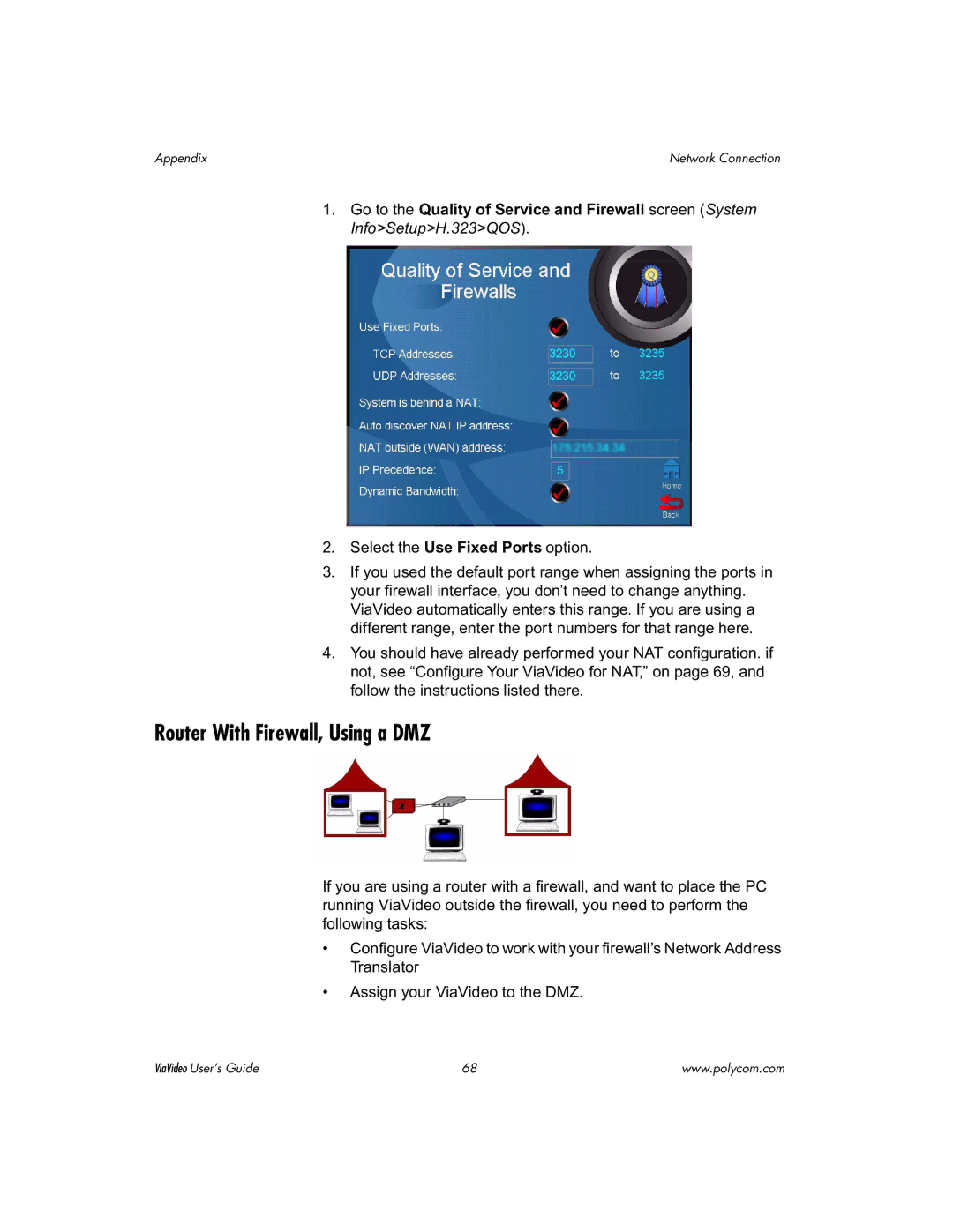 Polycom ViaVideo manual Router With Firewall, Using a DMZ 