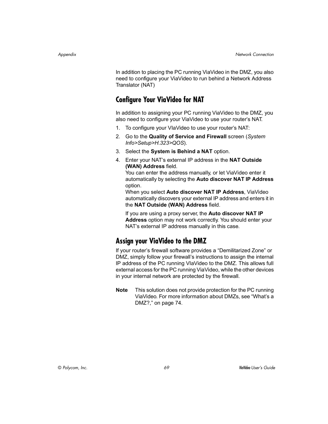 Polycom manual Configure Your ViaVideo for NAT, Assign your ViaVideo to the DMZ 