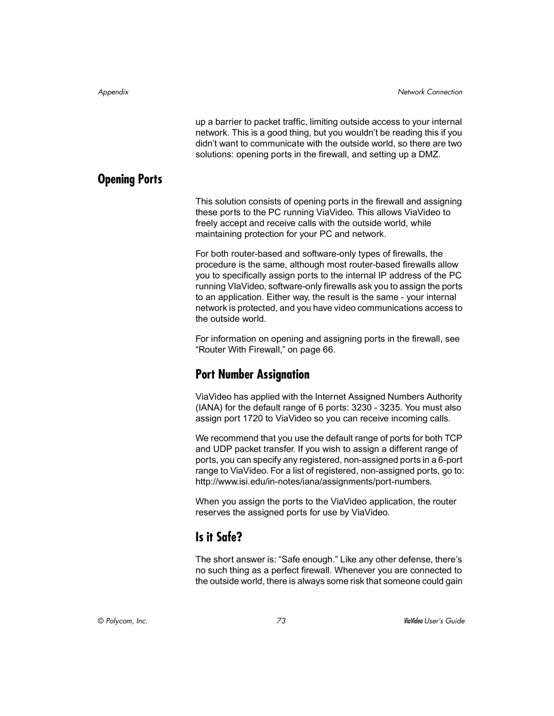 Polycom ViaVideo manual Opening Ports, Port Number Assignation, Is it Safe? 