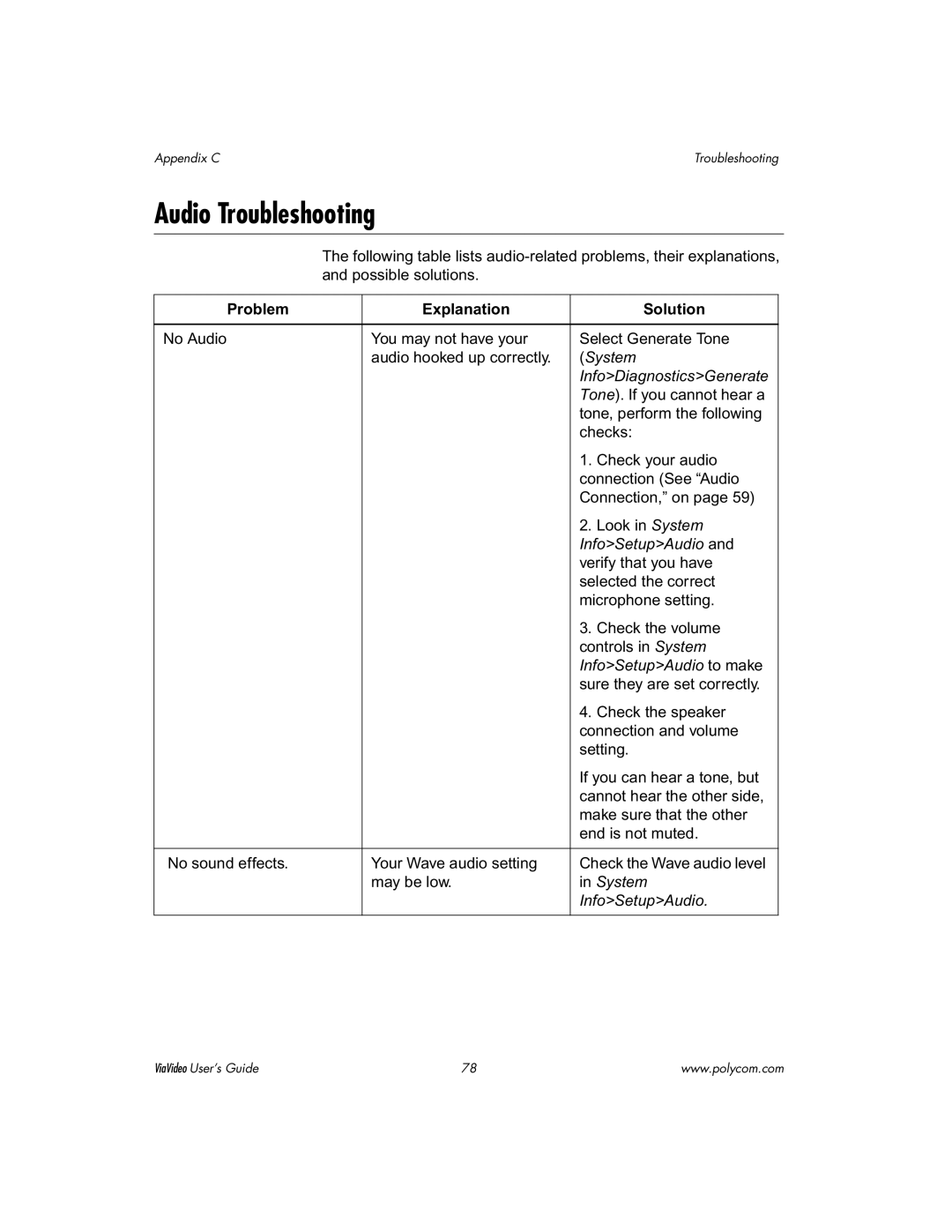 Polycom ViaVideo manual Audio Troubleshooting, InfoDiagnosticsGenerate 