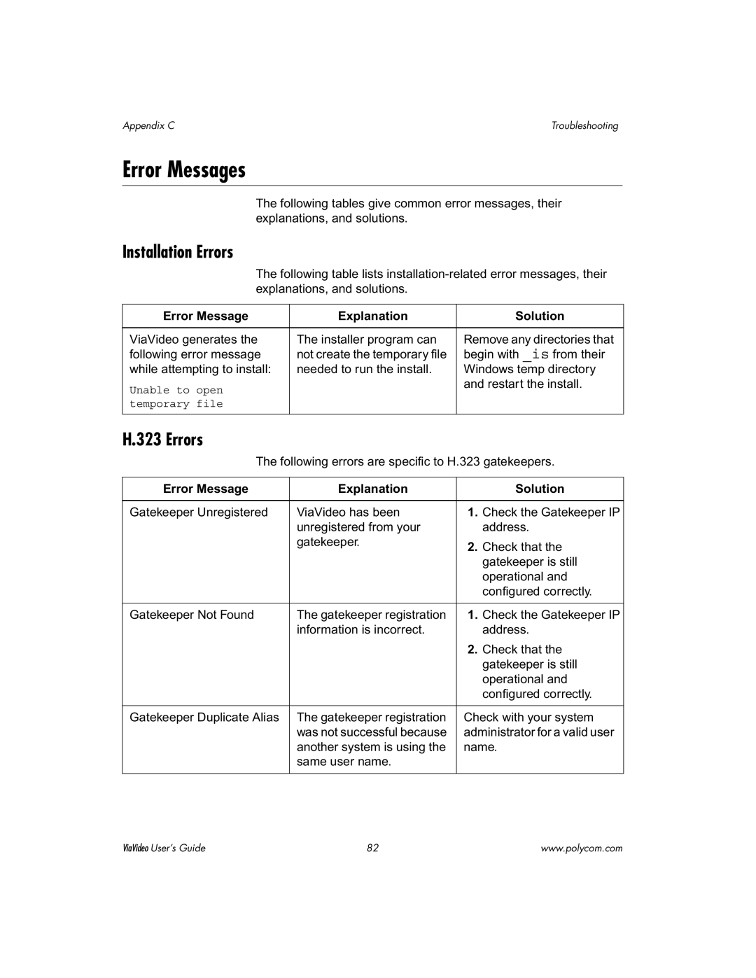 Polycom ViaVideo manual Error Messages, Installation Errors, Error Message Explanation Solution 