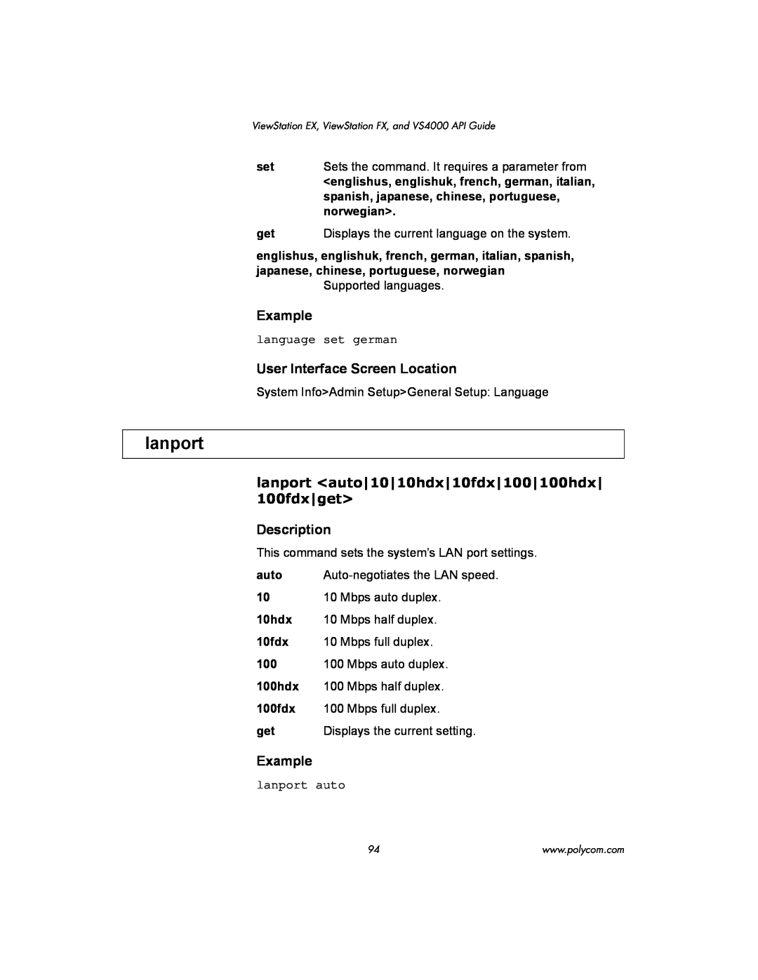 Polycom VIEWSTATION EX manual lanport, Example, User Interface Screen Location, Description, norwegian> 