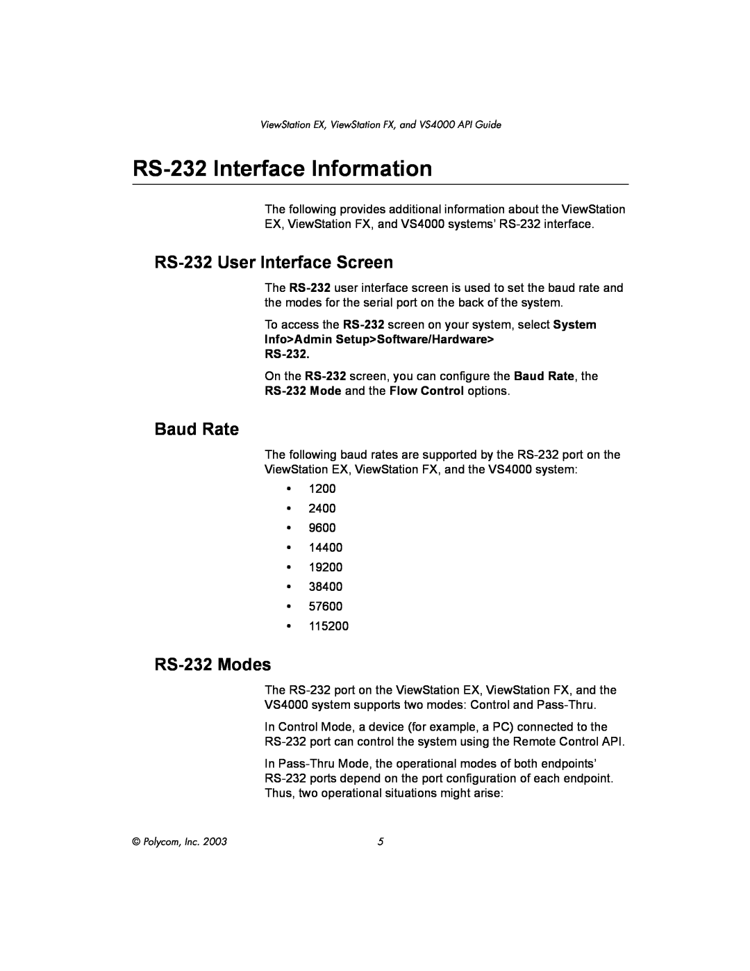 Polycom VIEWSTATION EX manual RS-232Interface Information, RS-232User Interface Screen, Baud Rate, RS-232Modes 