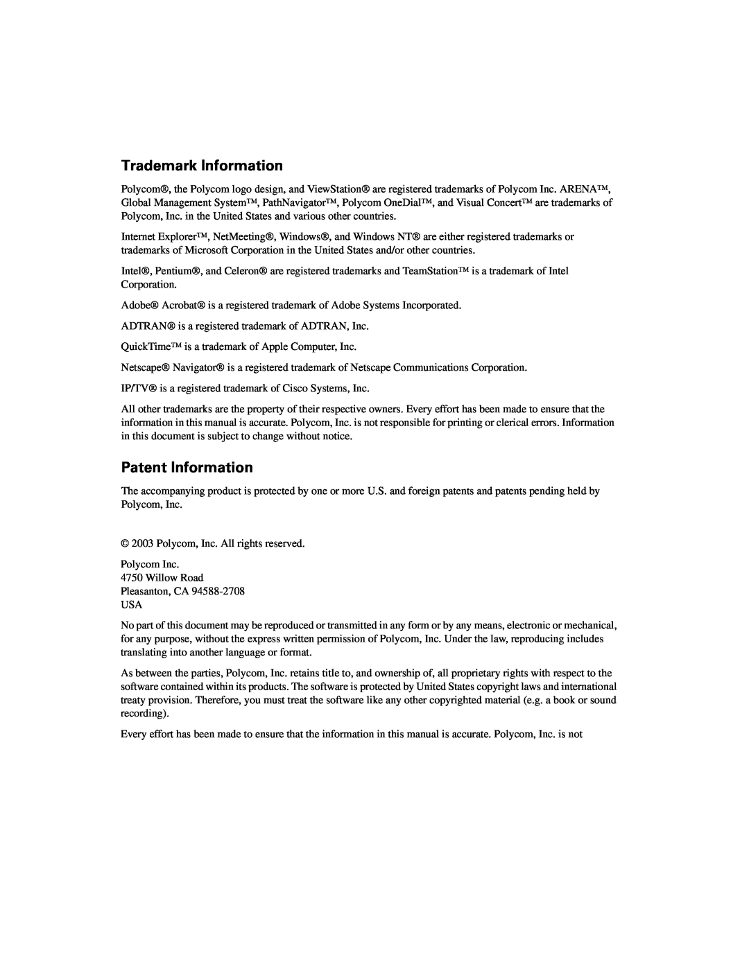 Polycom VIEWSTATION EX manual Trademark Information, Patent Information 