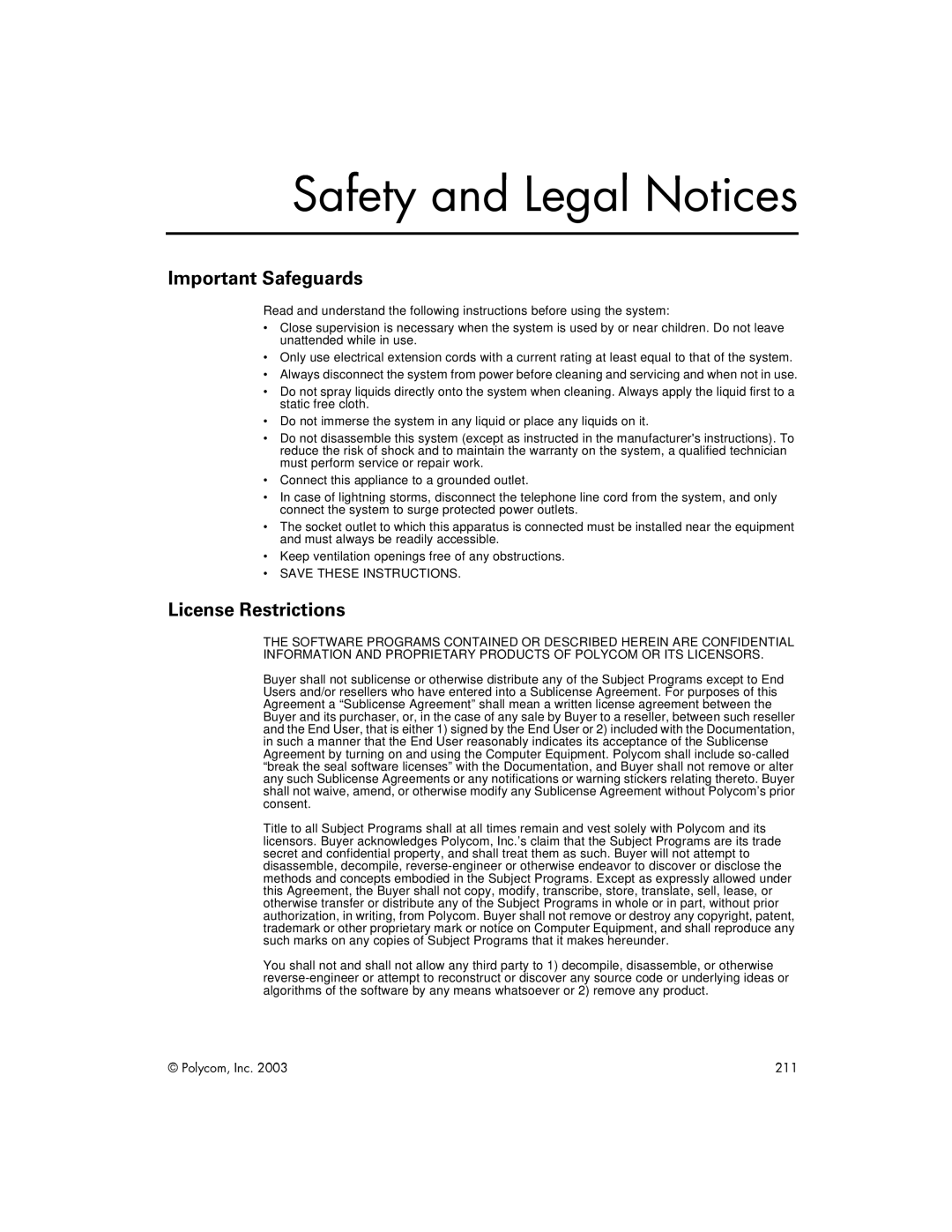 Polycom VIEWSTATION EX manual Important Safeguards, License Restrictions, Safety and Legal Notices 