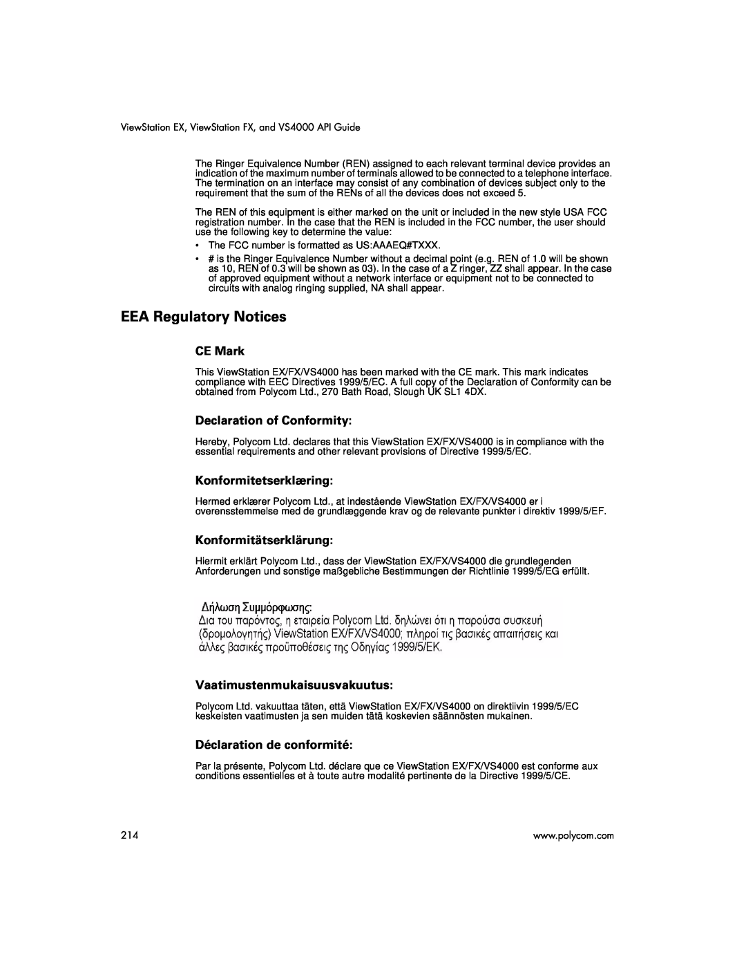 Polycom VIEWSTATION EX manual EEA Regulatory Notices, CE Mark, Declaration of Conformity, Konformitetserklæring 
