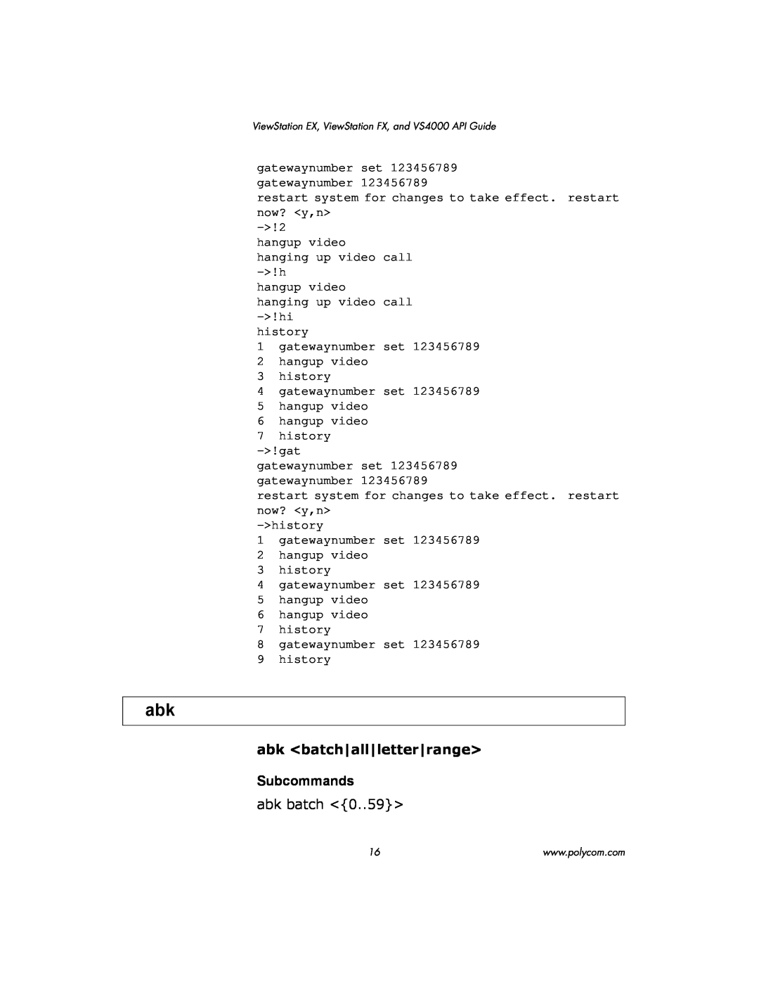 Polycom VIEWSTATION EX manual abk <batch|all|letter|range>, Subcommands, abk batch <0..59> 