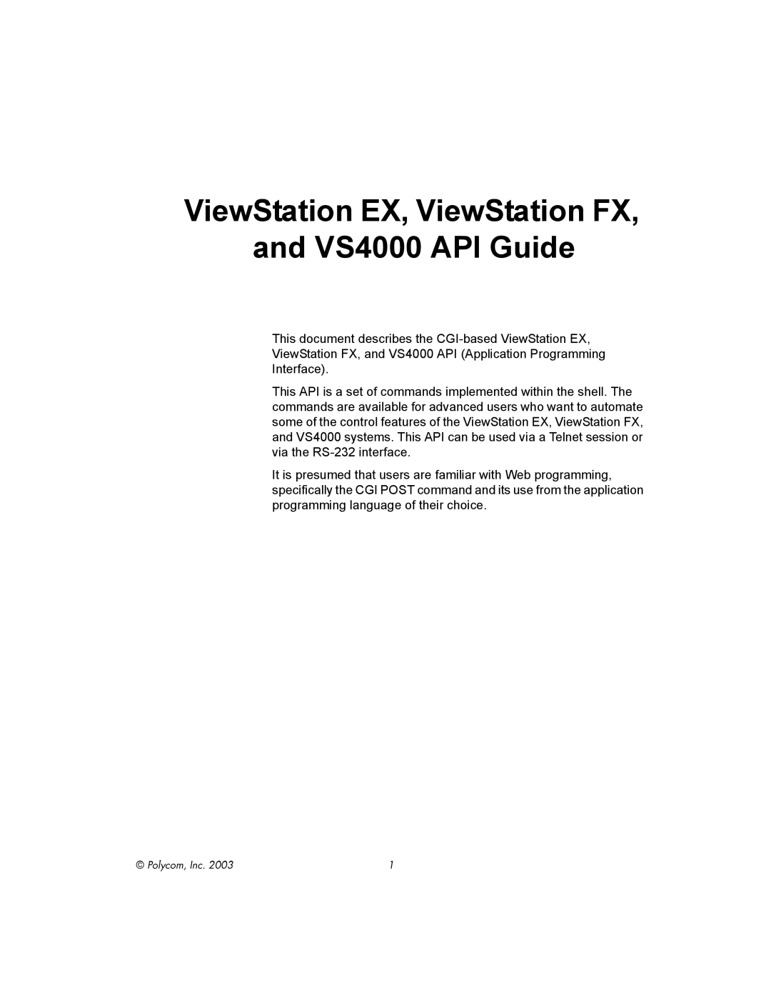 Polycom VIEWSTATION EX manual ViewStation EX, ViewStation FX, and VS4000 API Guide, Polycom, Inc 