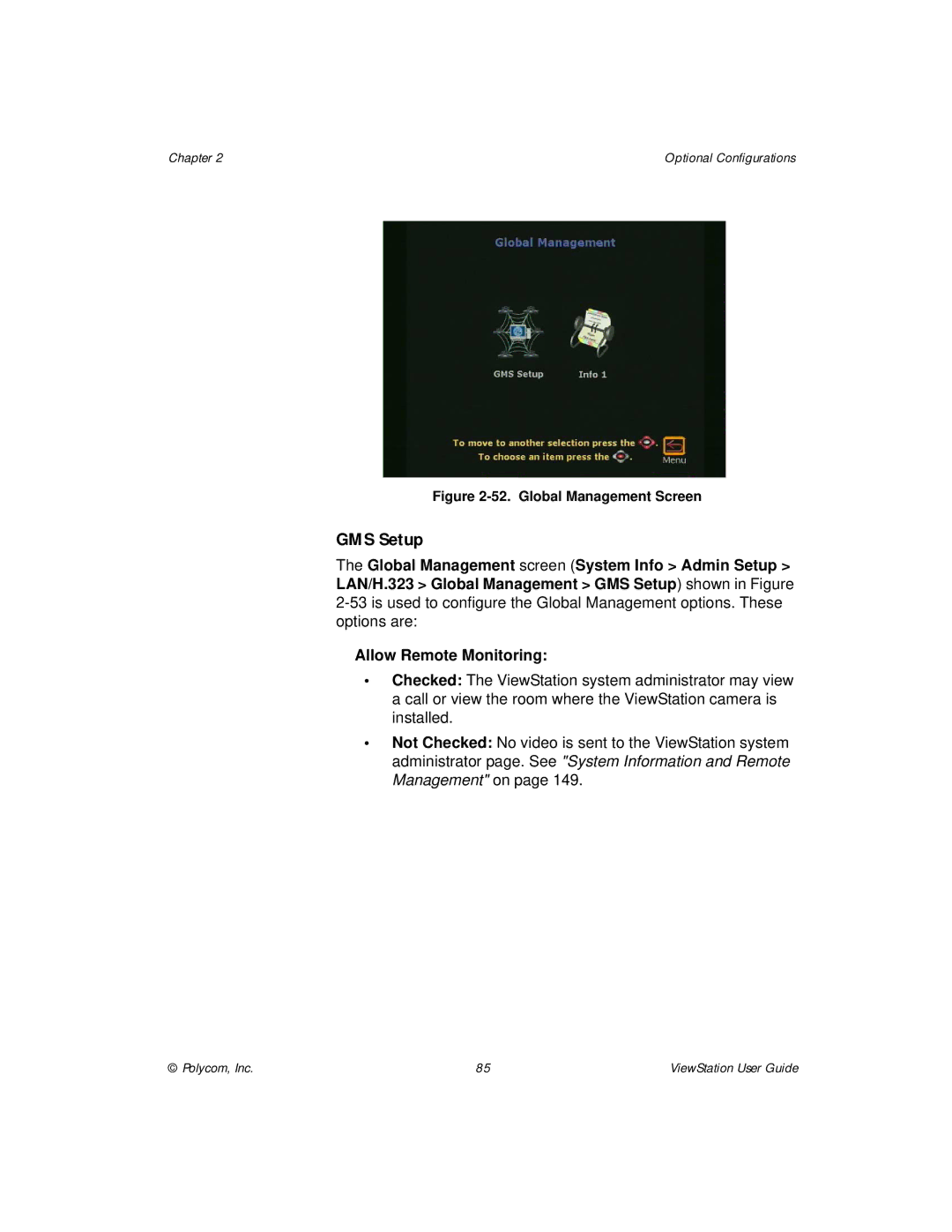 Polycom ViewStation manual GMS Setup, Global Management Screen 