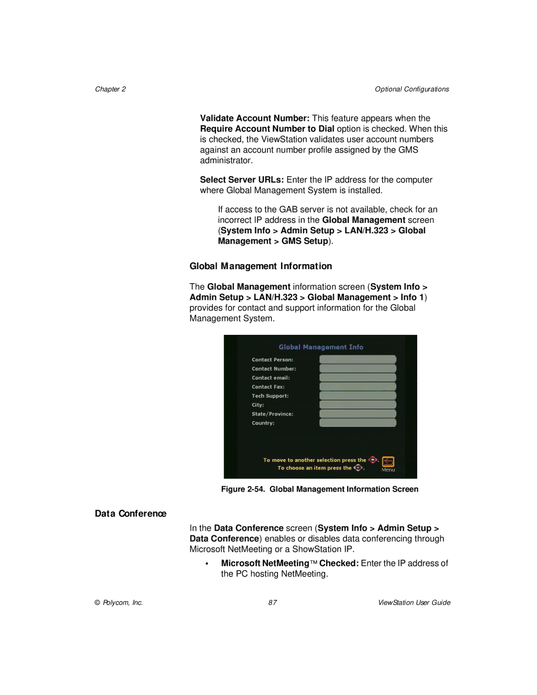 Polycom ViewStation manual Global Management Information, Data Conference screen System Info Admin Setup 