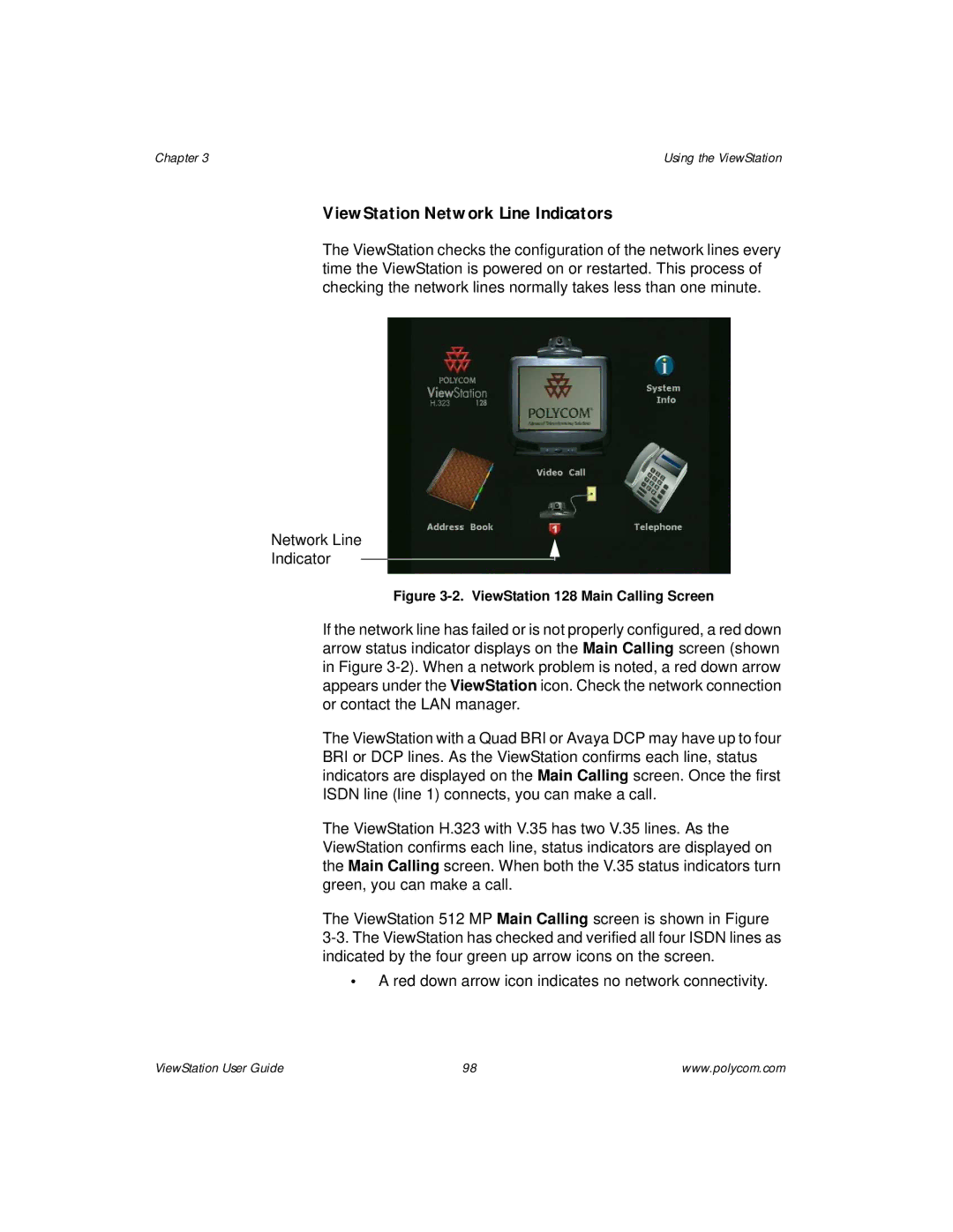 Polycom manual ViewStation Network Line Indicators, ViewStation 128 Main Calling Screen 