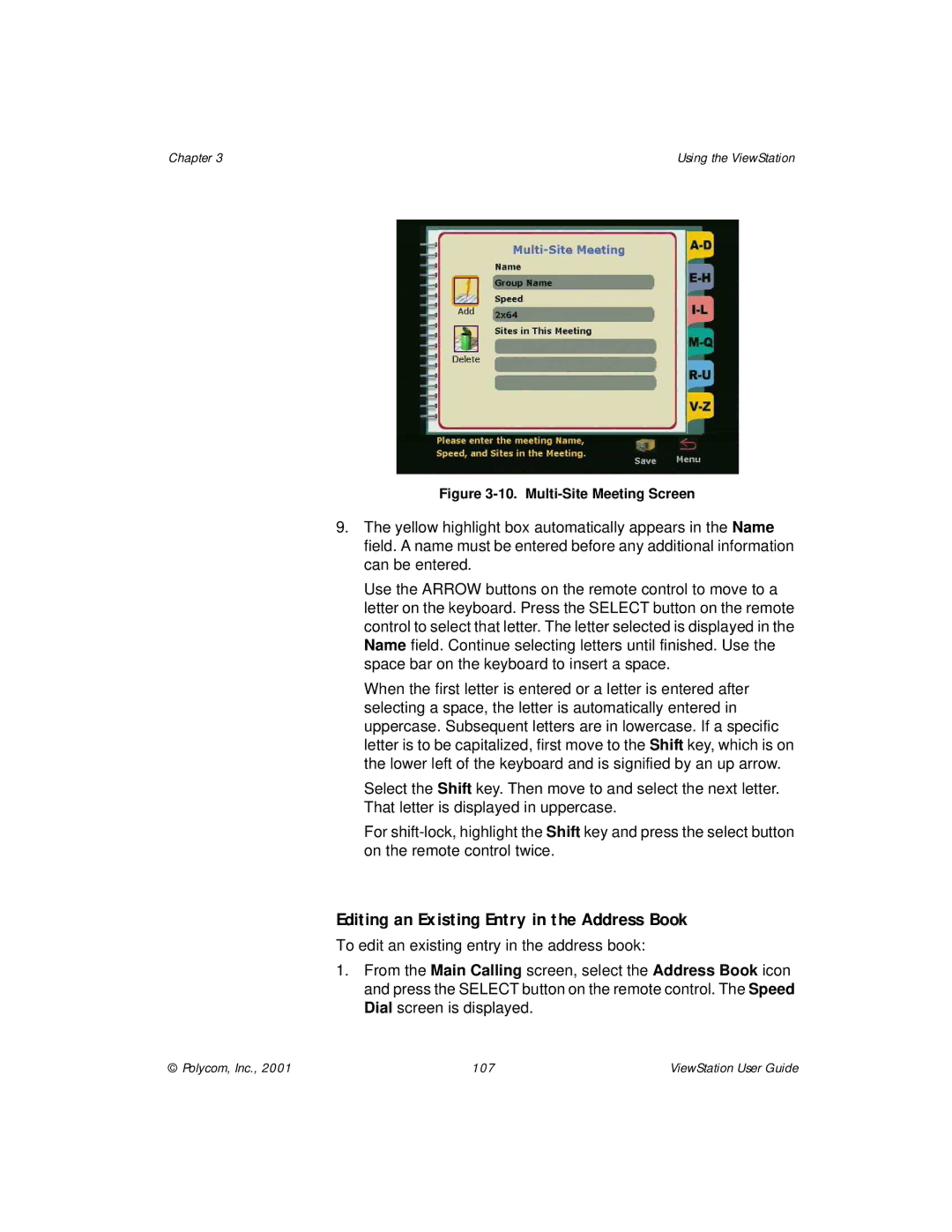 Polycom ViewStation manual Editing an Existing Entry in the Address Book, Multi-Site Meeting Screen 