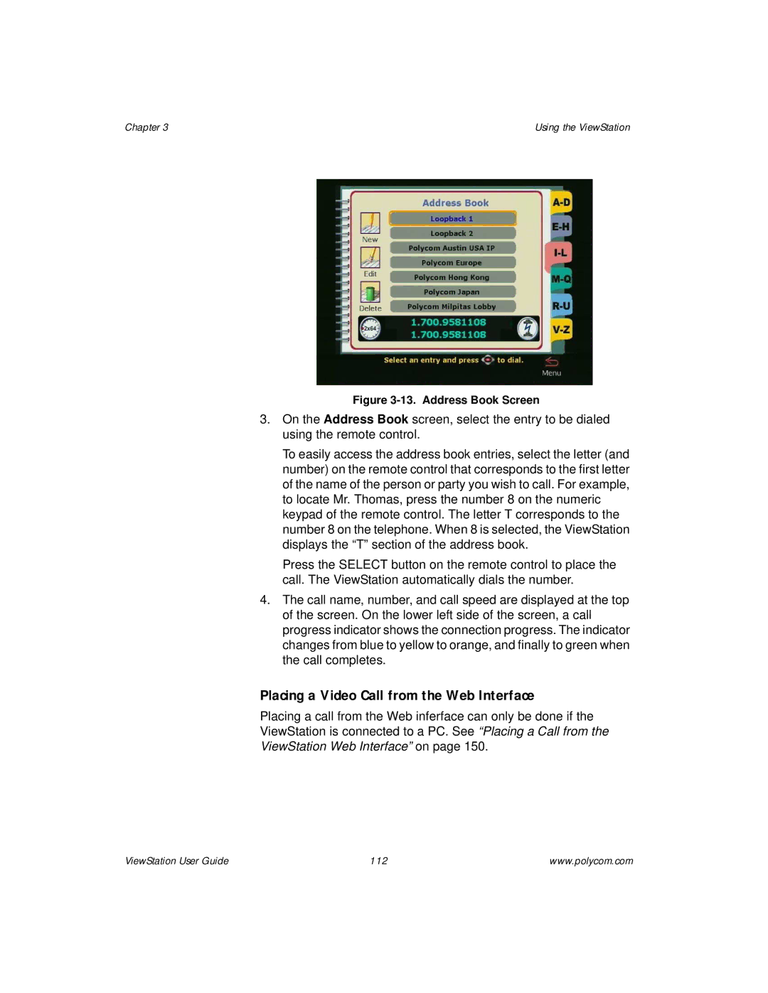 Polycom ViewStation manual Placing a Video Call from the Web Interface, Address Book Screen 