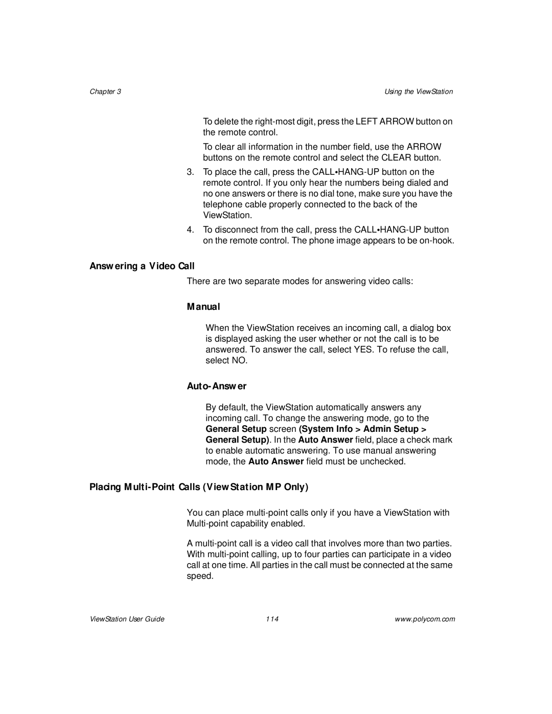 Polycom manual Answering a Video Call, Manual, Auto-Answer, Placing Multi-Point Calls ViewStation MP Only 