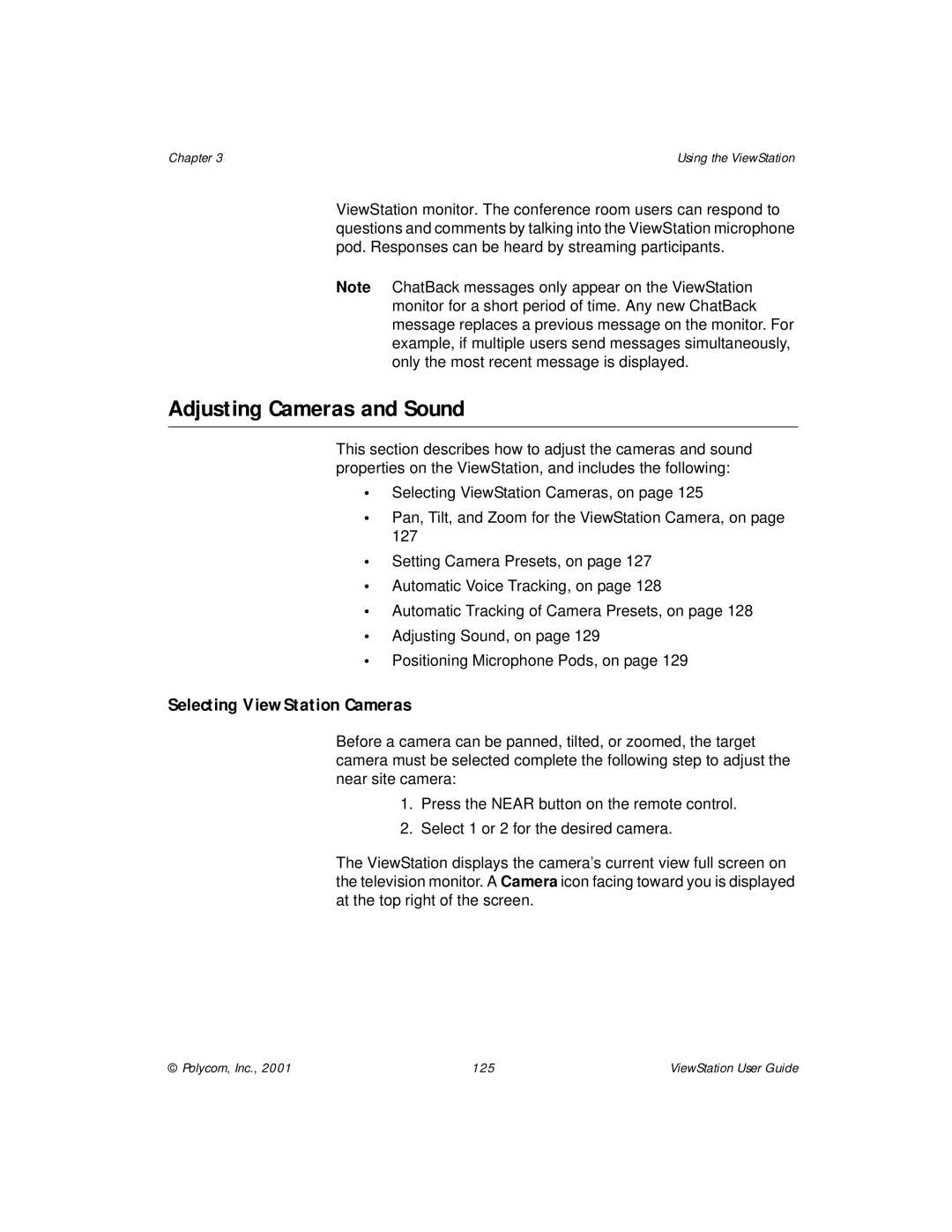 Polycom manual Adjusting Cameras and Sound, Selecting ViewStation Cameras 