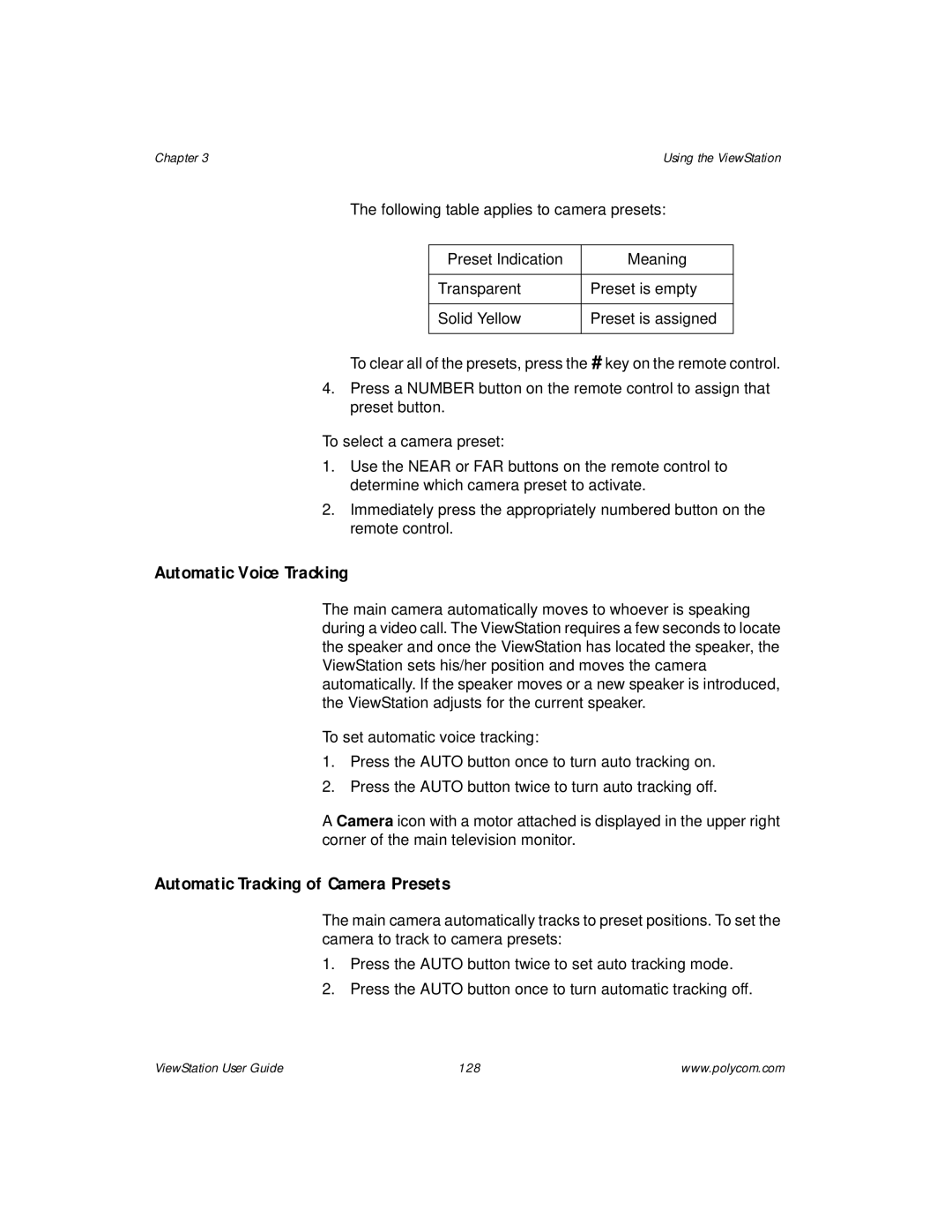 Polycom ViewStation manual Automatic Voice Tracking, Automatic Tracking of Camera Presets 