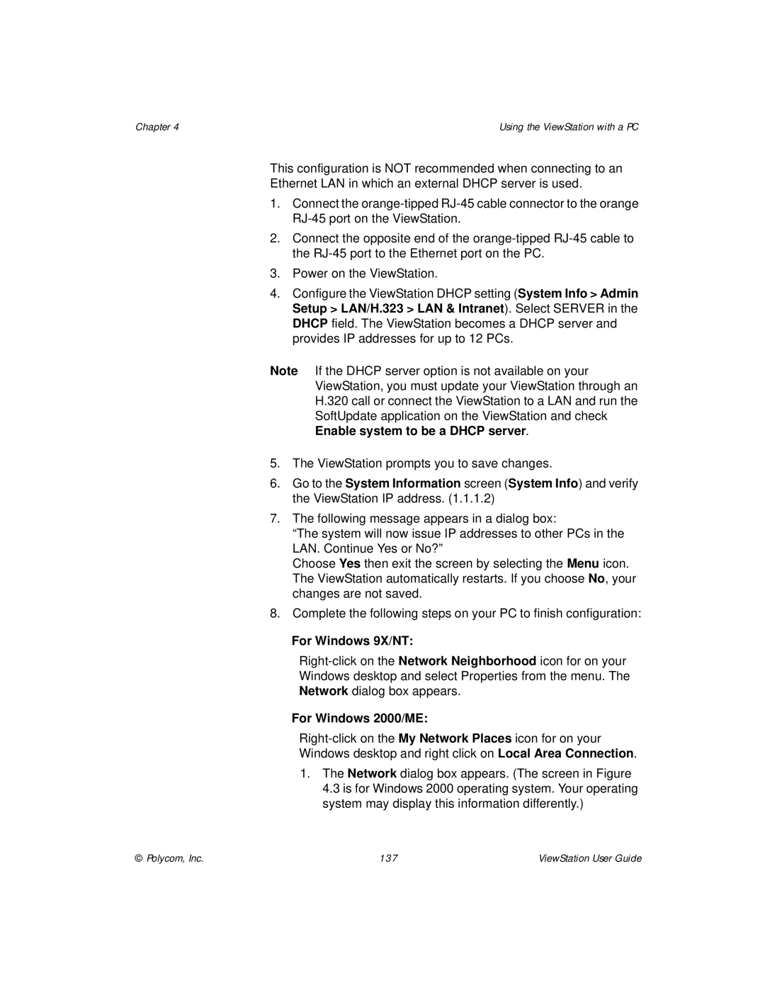 Polycom ViewStation manual Enable system to be a Dhcp server, For Windows 9X/NT, For Windows 2000/ME 