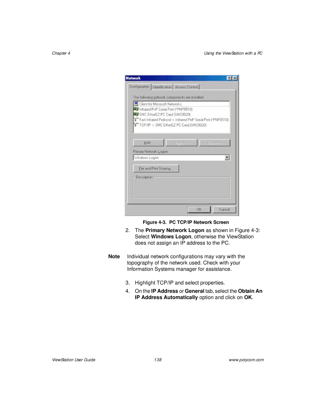 Polycom ViewStation manual PC TCP/IP Network Screen 