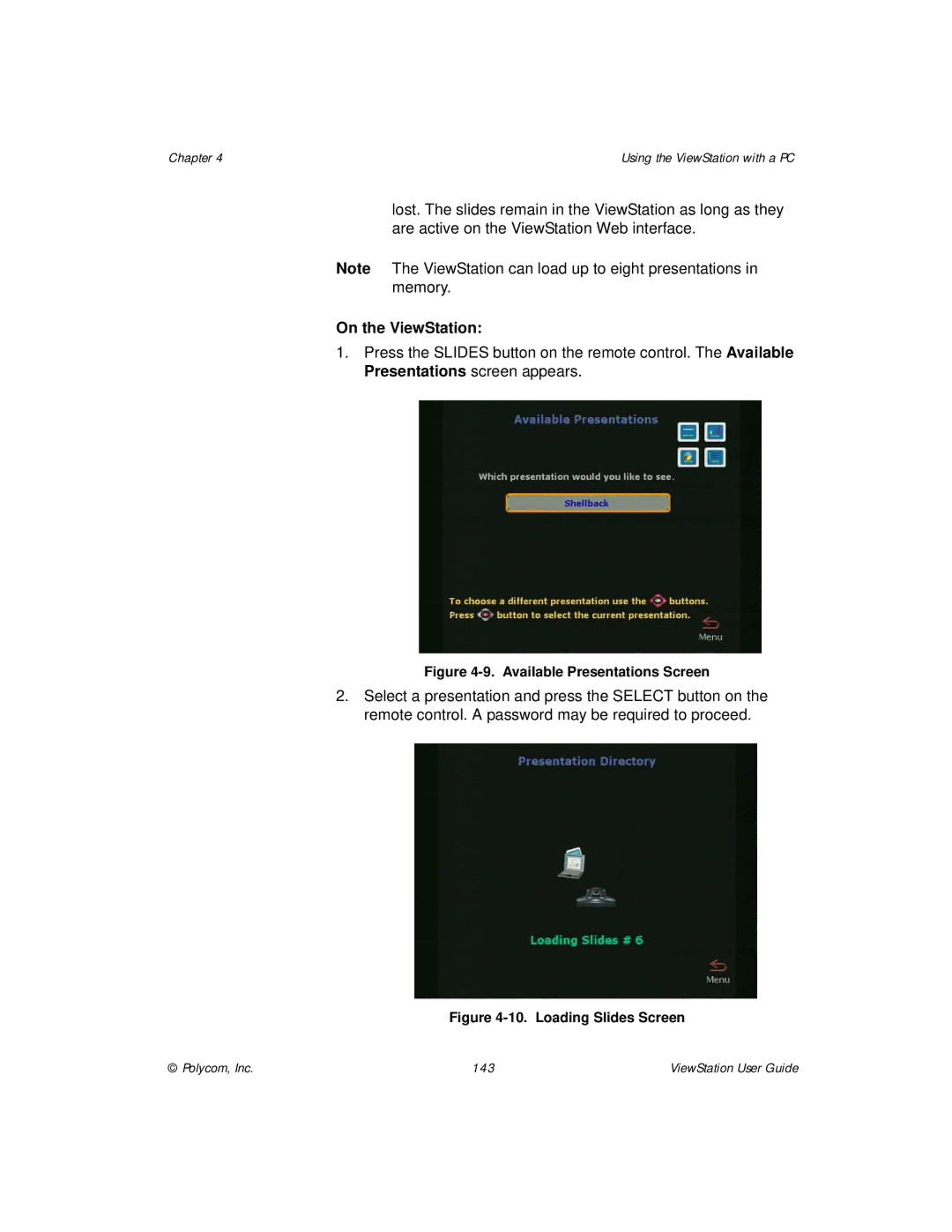 Polycom manual On the ViewStation, Available Presentations Screen 