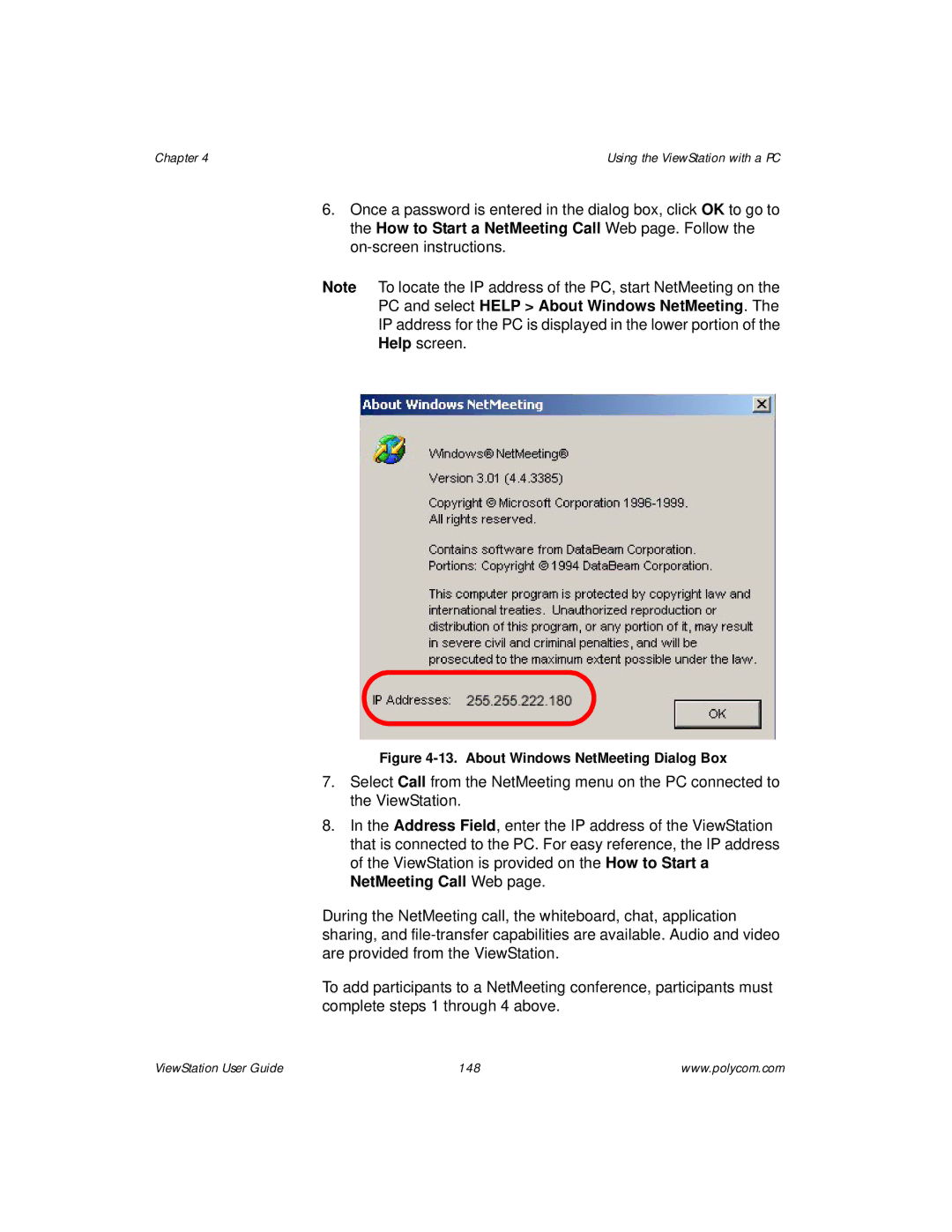 Polycom ViewStation manual PC and select Help About Windows NetMeeting, About Windows NetMeeting Dialog Box 