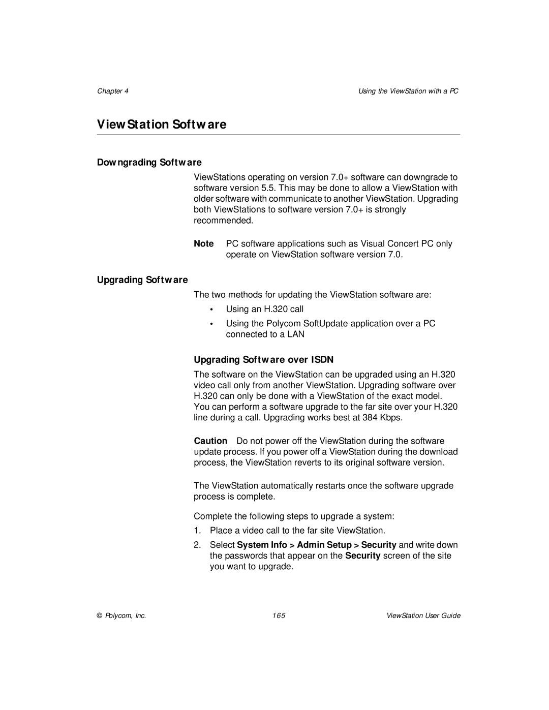 Polycom manual ViewStation Software, Downgrading Software, Upgrading Software over Isdn 