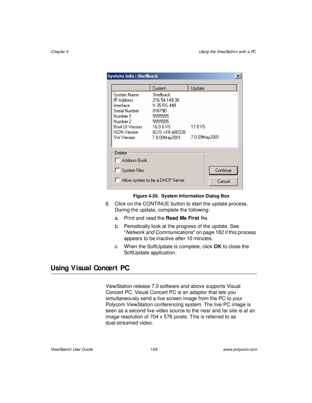 Polycom ViewStation manual Using Visual Concert PC, System Information Dialog Box 