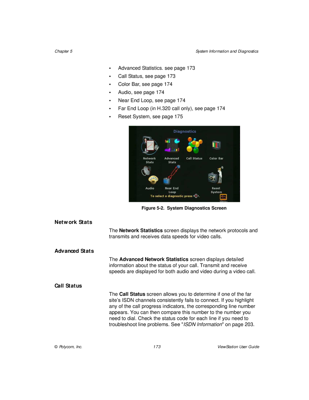 Polycom ViewStation manual Network Stats, Advanced Stats, Call Status 